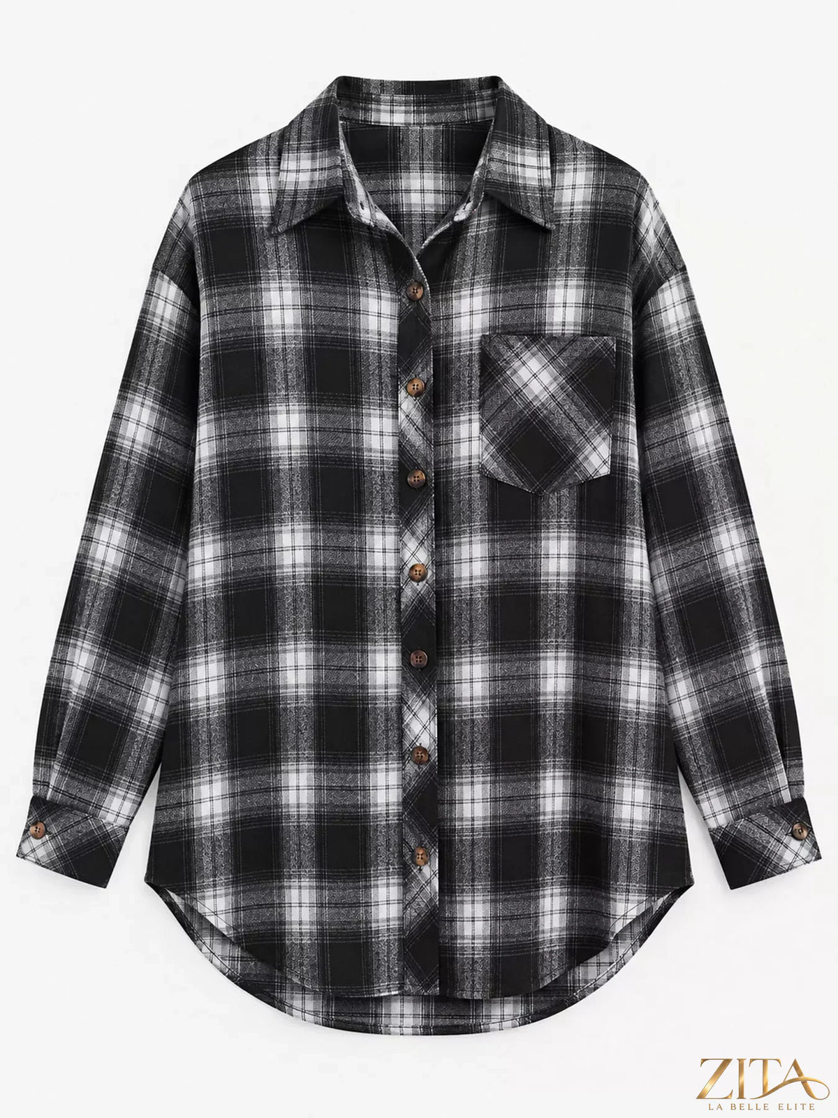 Zita La Belle Elite plaid button-down oversized shirt featuring a classic checkered pattern and relaxed fit.