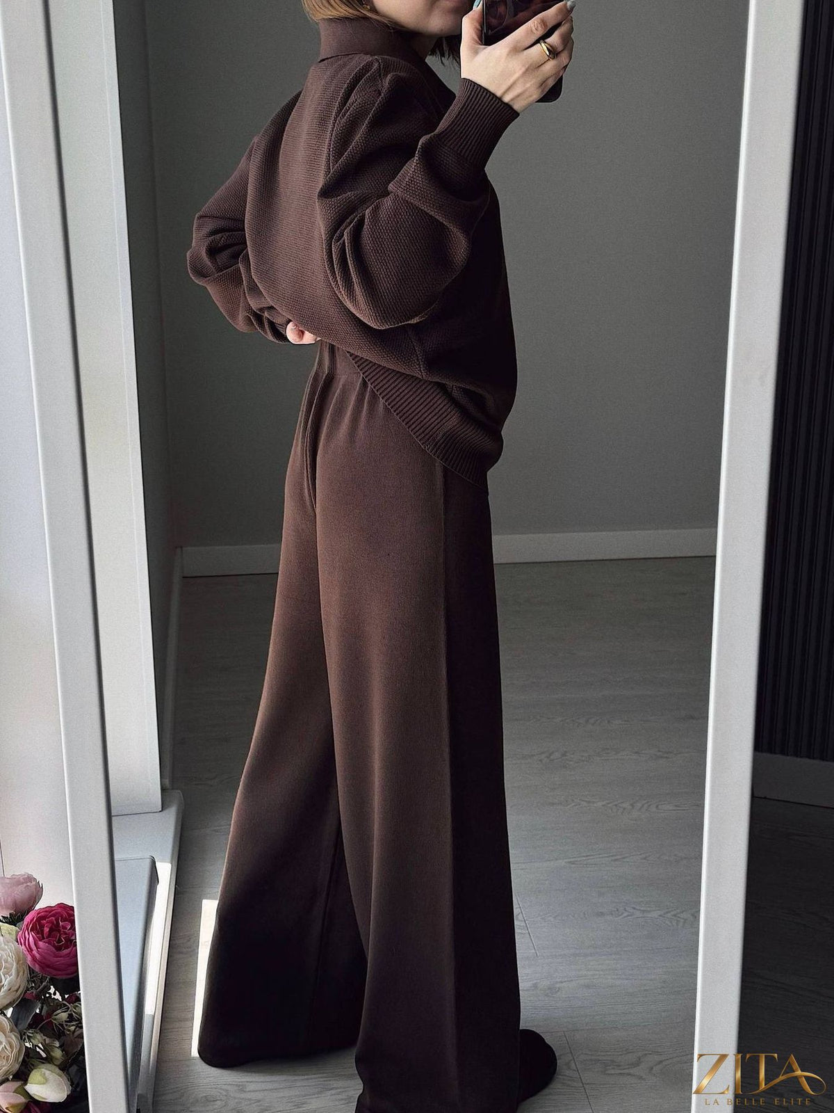Zita La Belle Elite polo collar knit top paired with matching pants or skirt, stylish and comfortable fashion set.