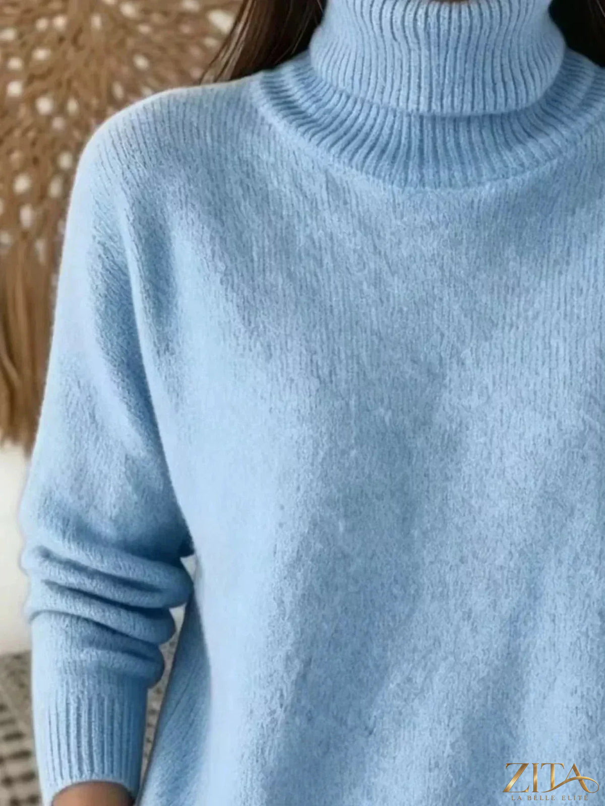 Trendsi turtleneck long sleeve sweater in neutral color, showcasing soft knit fabric and fitted silhouette.