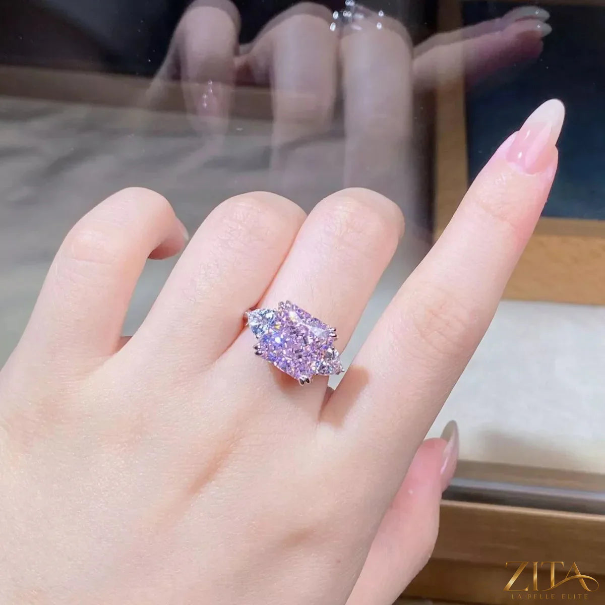 Sterling silver zircon geometric ring featuring sleek, modern design with sparkling stones, perfect for stylish everyday wear.