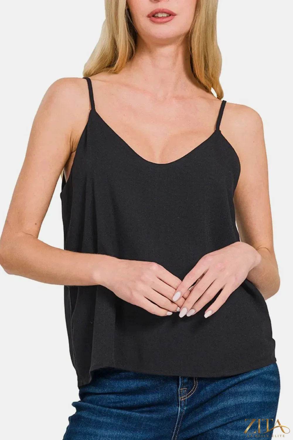Zita La Belle Elite Zenana two-layered spaghetti strap cami with thin straps and layered design, black color, on a plain background.