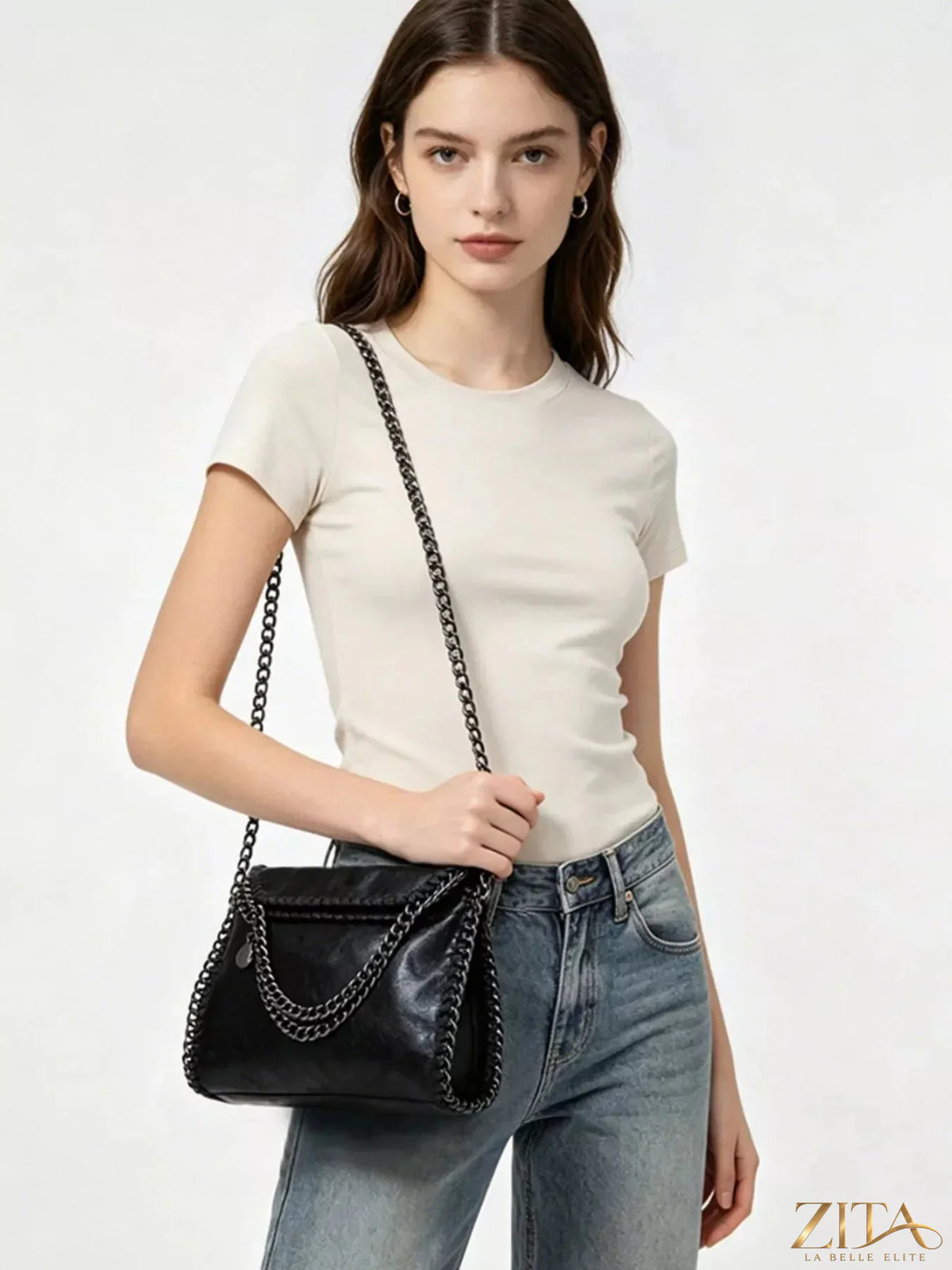 Zita La Belle Elite chain strap slouchy crossbody bag with soft leather and adjustable strap, casual and stylish accessory.