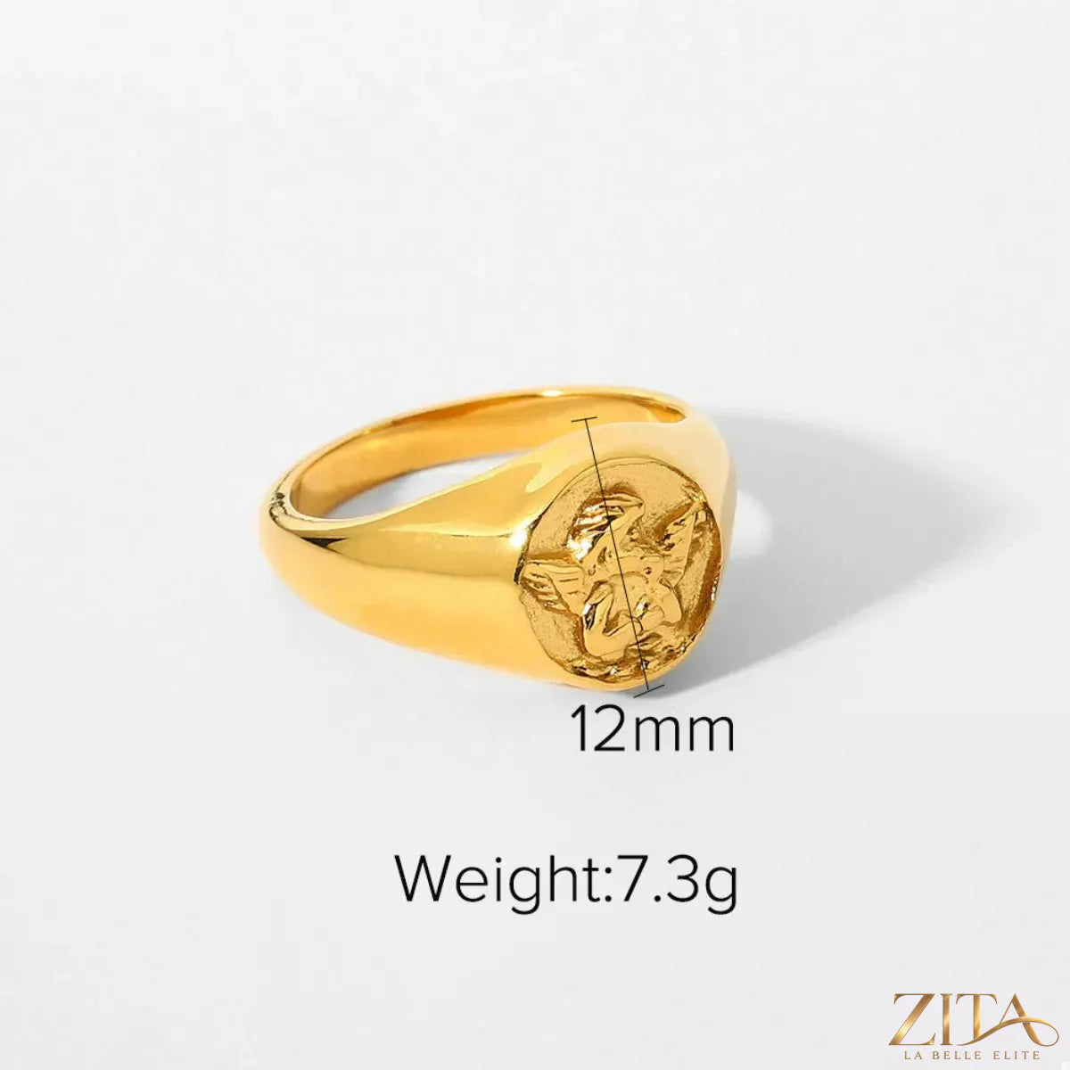 18K gold-plated Cupid ring from Zita La Belle Elite featuring a detailed Cupid design on a sleek band.