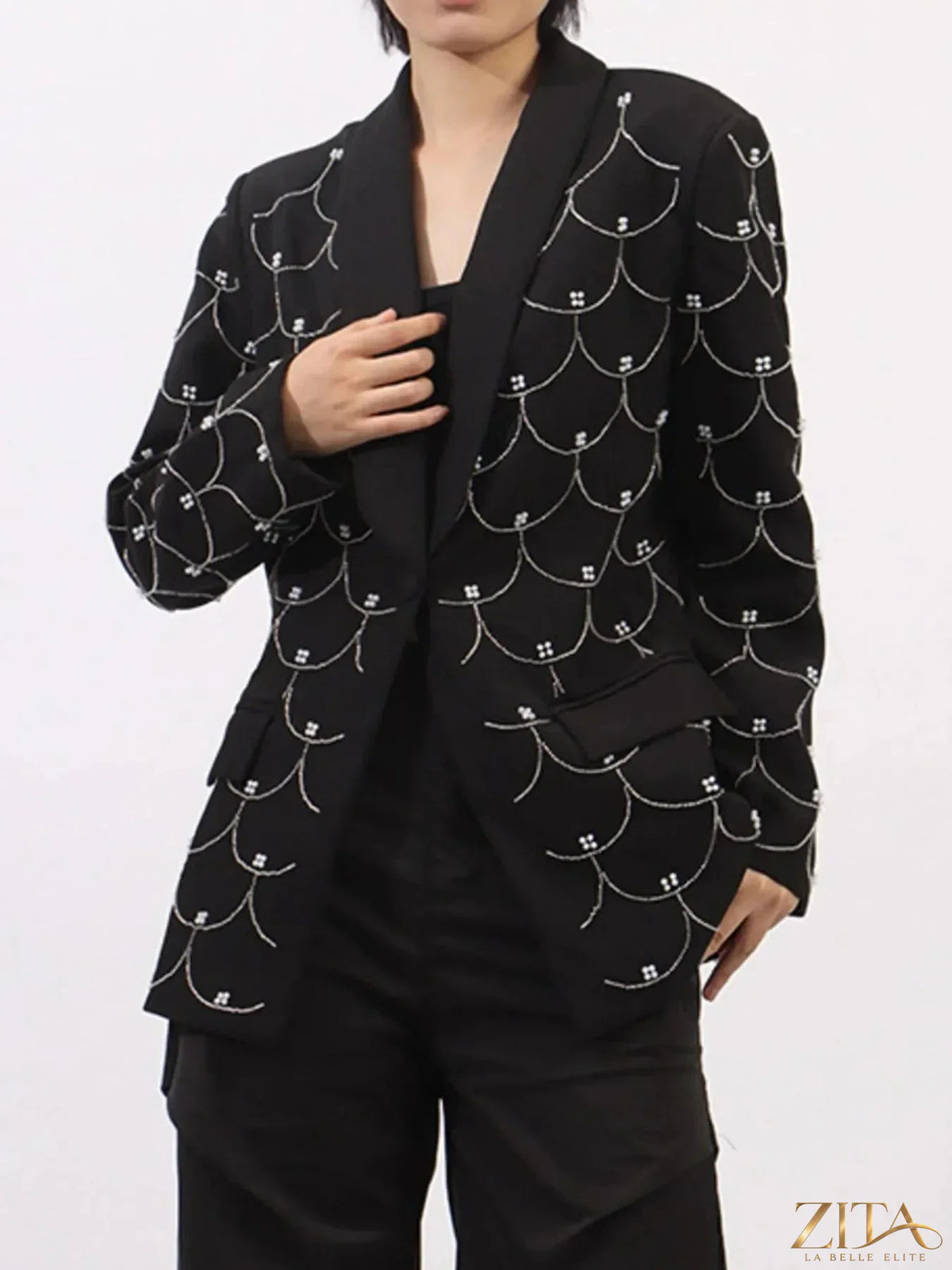 Zita La Belle Elite pearl detail long sleeve blazer showing tailored fit and elegant pearl accents on the sleeves and lapel.