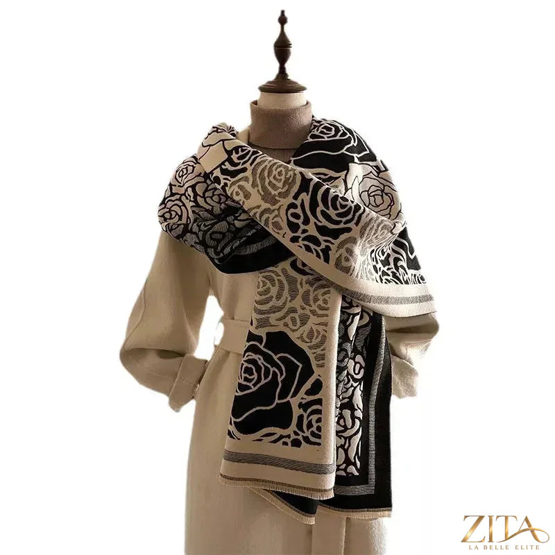 Zita La Belle Elite rose pattern raw hem scarf with floral design and lightweight fabric, displayed laid flat.