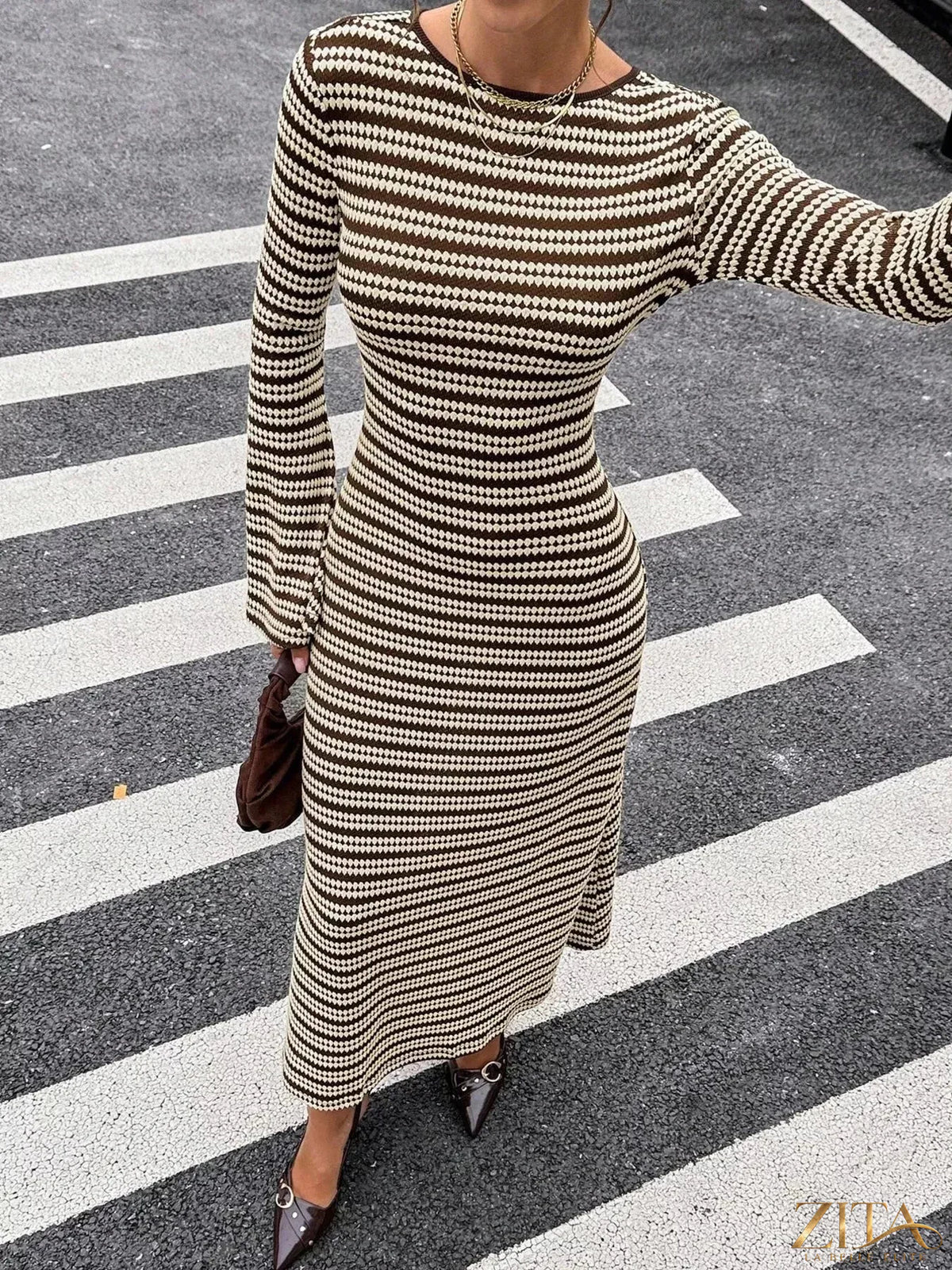 Zita La Belle Elite striped flared sleeves sweater dress with bold pattern and cozy knit fabric, stylish and comfortable for fall.