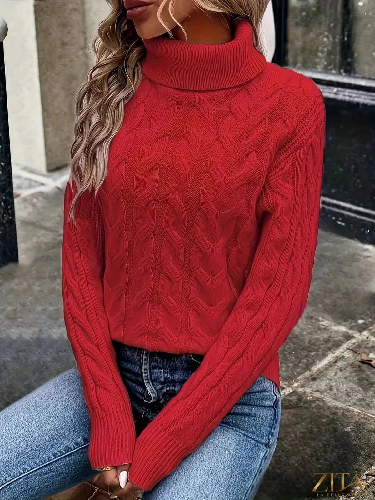 Zita La Belle Elite cable-knit turtleneck sweater in cozy, textured knit fabric, featuring a high turtleneck and long sleeves.