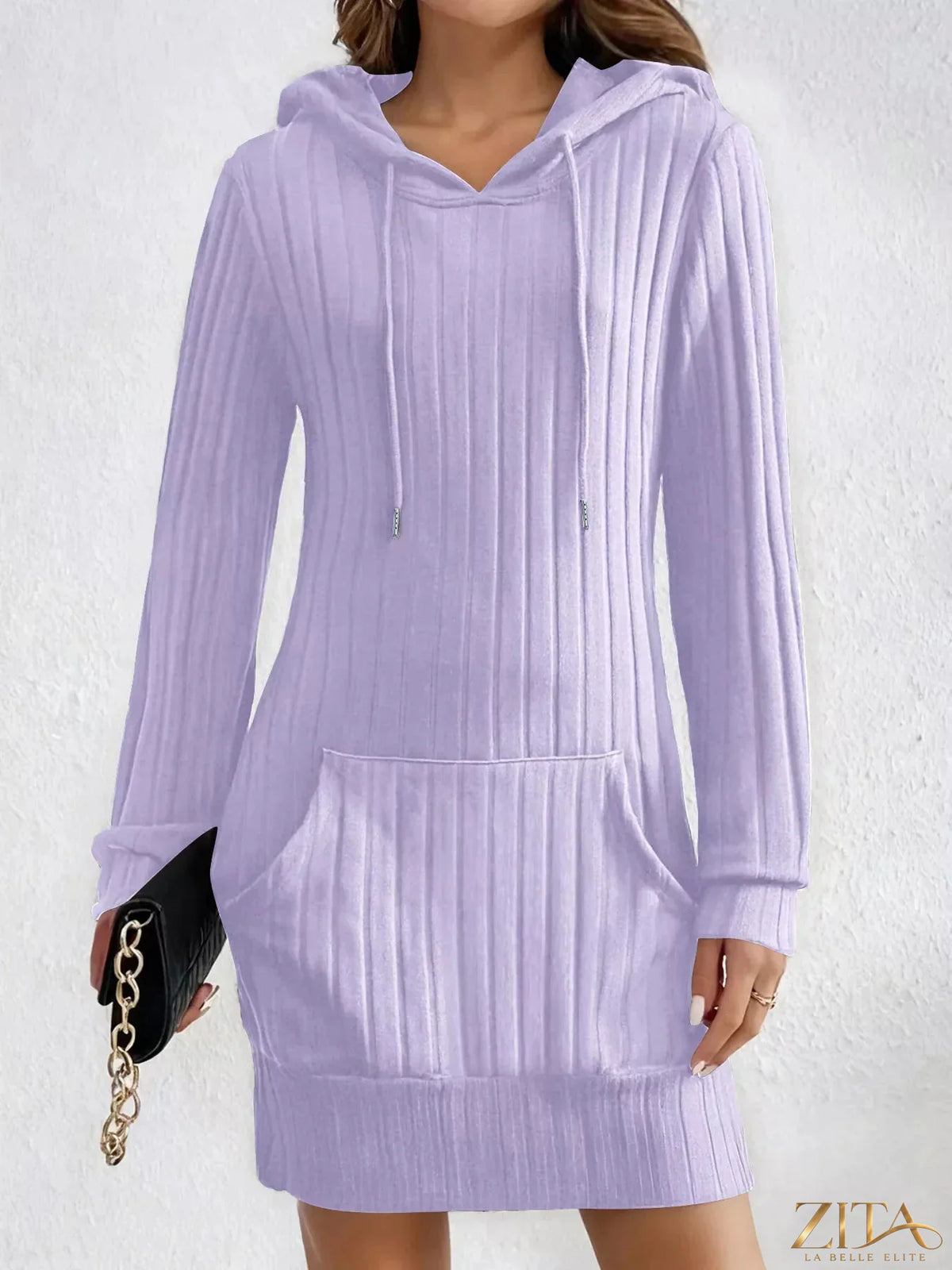 Zita La Belle Elite ribbed knit hoodie dress, cozy and stylish, featuring a hood, long sleeves, and ribbed texture, ideal for casual wear.