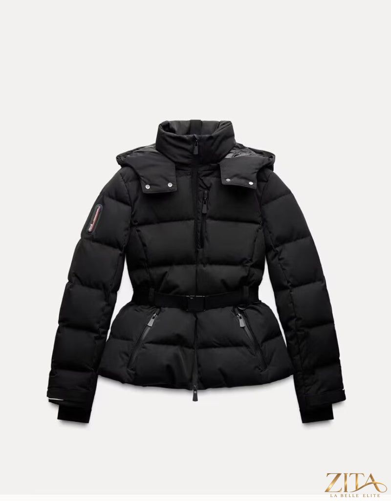 Zita La Belle Elite ski suit with belt, stand-up collar, warm cotton jacket, designed for winter outdoor activities.