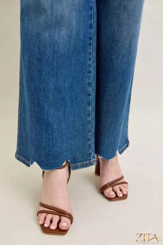 Zita La Belle Elite Judy Blue tummy control distressed wide jeans, front view showing fit and distressed details.