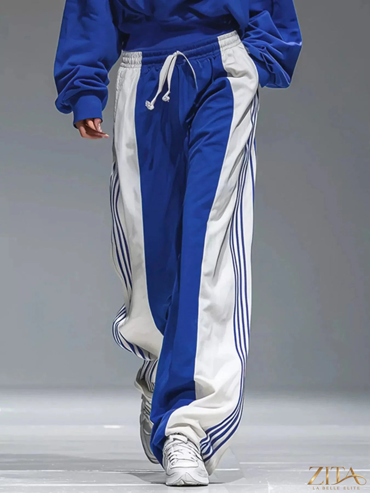 Zita La Belle Elite drawstring hoodie and color-block wide-leg pants set, casual fashion outfit with relaxed fit and vibrant color blocks.