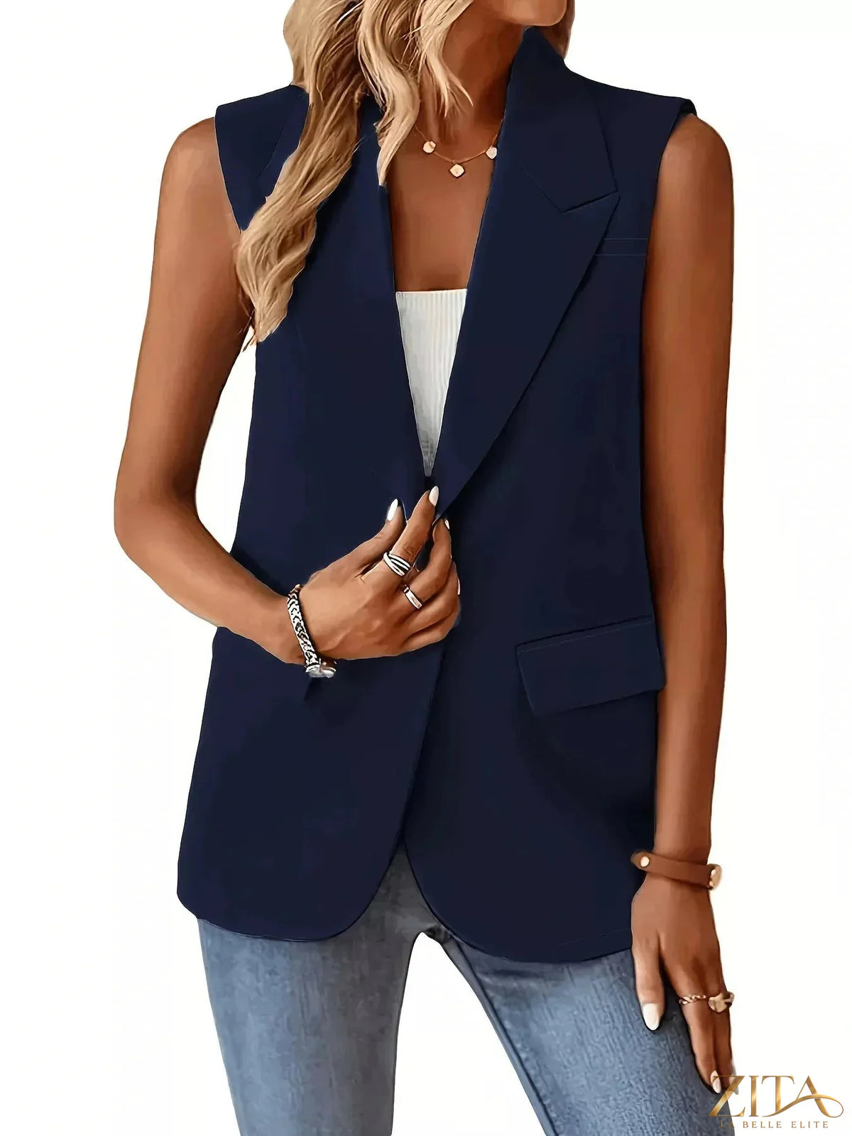 Plus size Zita La Belle Elite full size vest coat with one-button lapel collar, showcasing its tailored fit and stylish design.