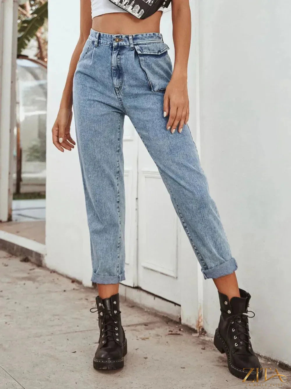 Zita La Belle Elite high waist straight leg jeans, denim fabric, fitted waist, classic blue color, front and back view.