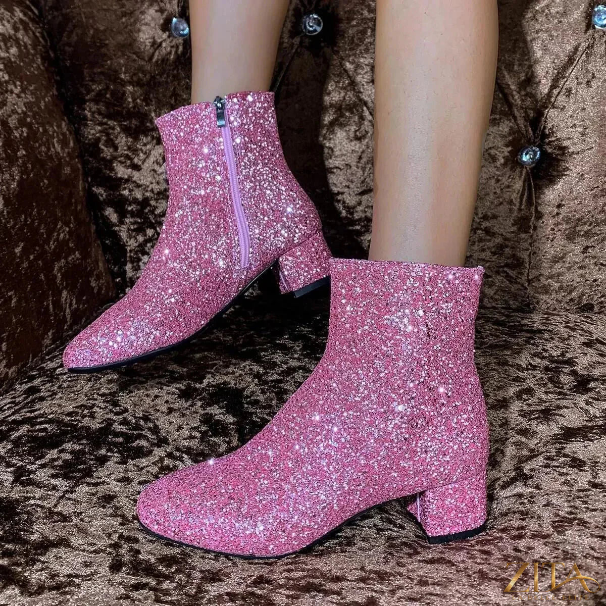 Zita La Belle Elite sequin round toe block heels boots with shiny embellishments and stylish ankle height.