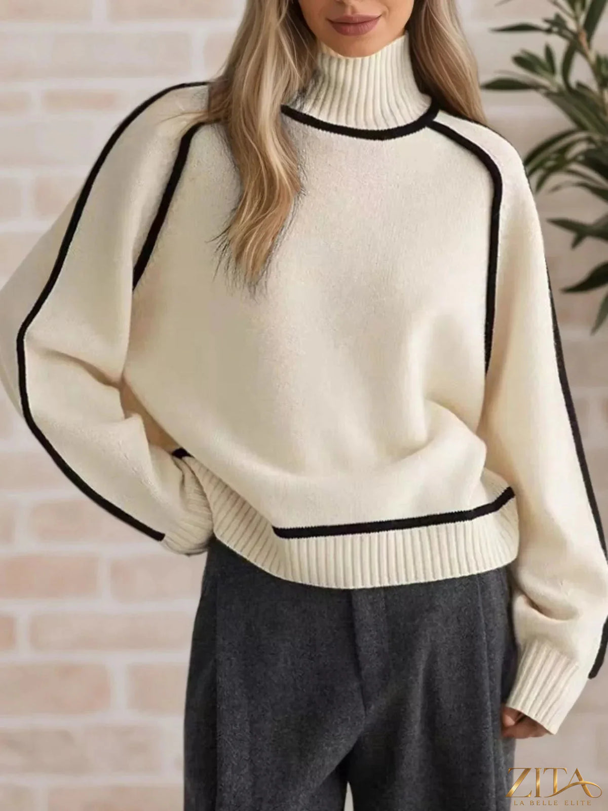 Zita La Belle Elite contrast trim turtleneck sweater in cozy knit, featuring a fitted design with stylish color accents.
