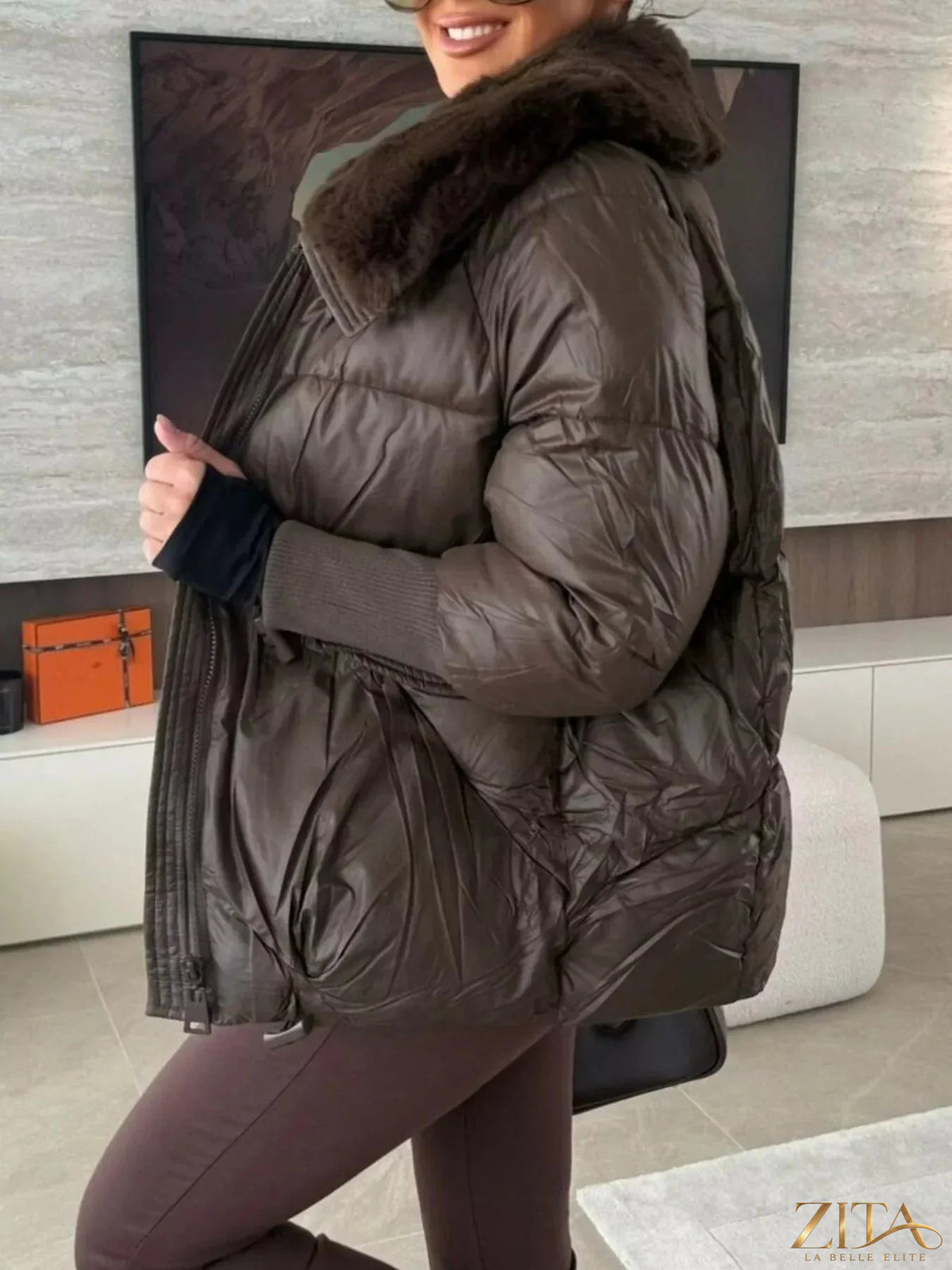 Zita La Belle Elite fur collar padded puffer jacket with quilted design and cozy fur trim on collar, suitable for cold weather.