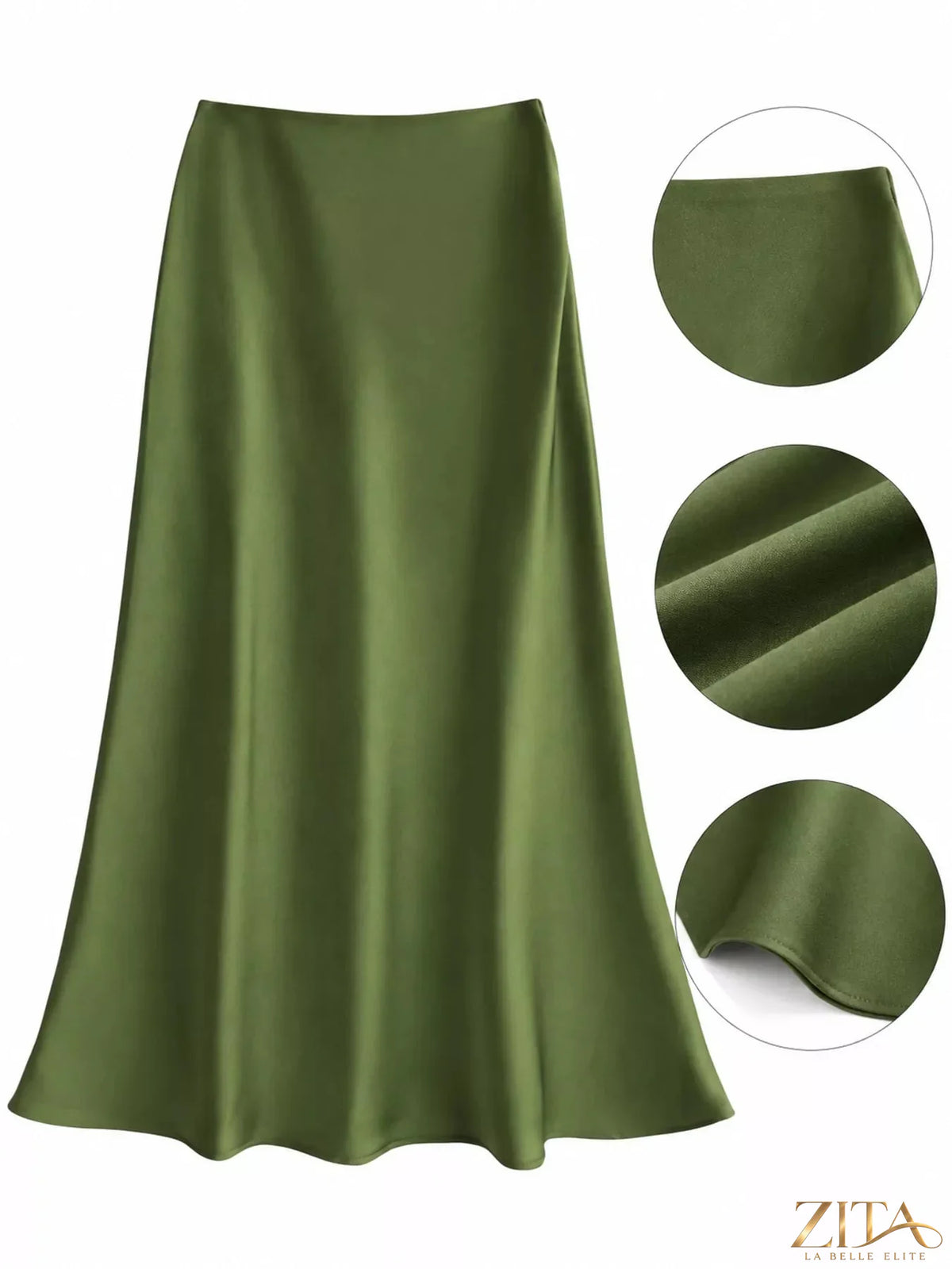 Plus size high-waisted satin midi skirt by Trendsi, featuring a smooth, shiny fabric and elegant midi length.