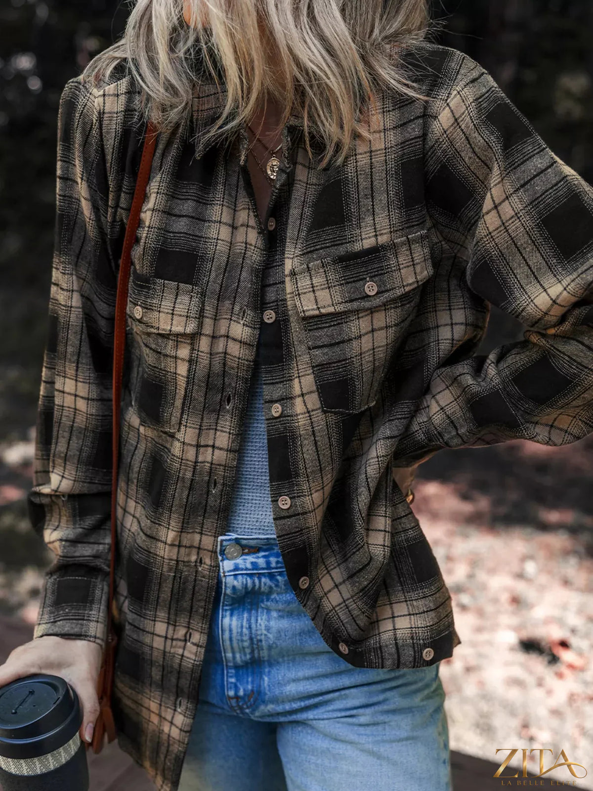 Zita La Belle Elite plaid brushed shacket with double flap pockets, stylish layered jacket in a classic check pattern