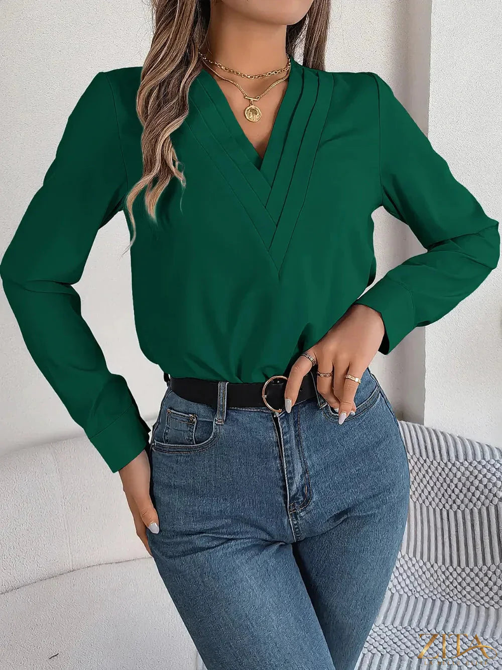 Zita La Belle Elite V-neck long sleeve blouse in soft fabric, shown in a stylish, fitted design with a V-neckline and long sleeves.