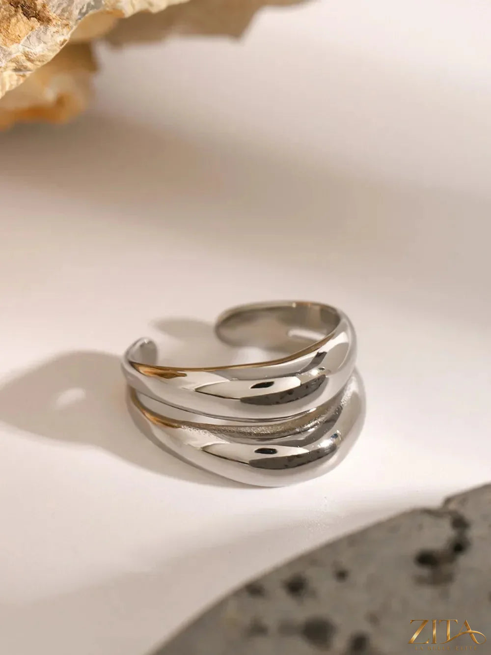 Stainless steel double-layered ring by Zita La Belle Elite, featuring a sleek, polished design with two stacked bands.