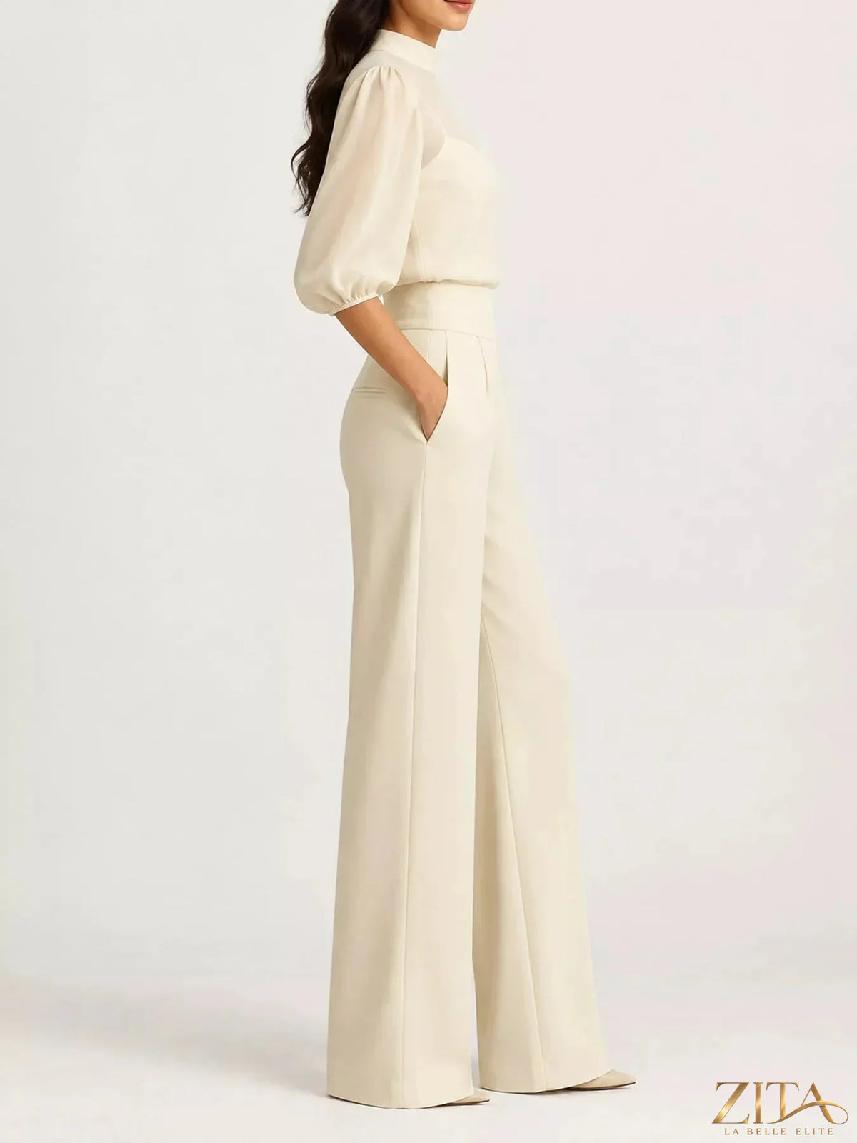 Zita La Belle Elite mock neck puff sleeve top and wide-leg pants set, stylish casual outfit on a model.