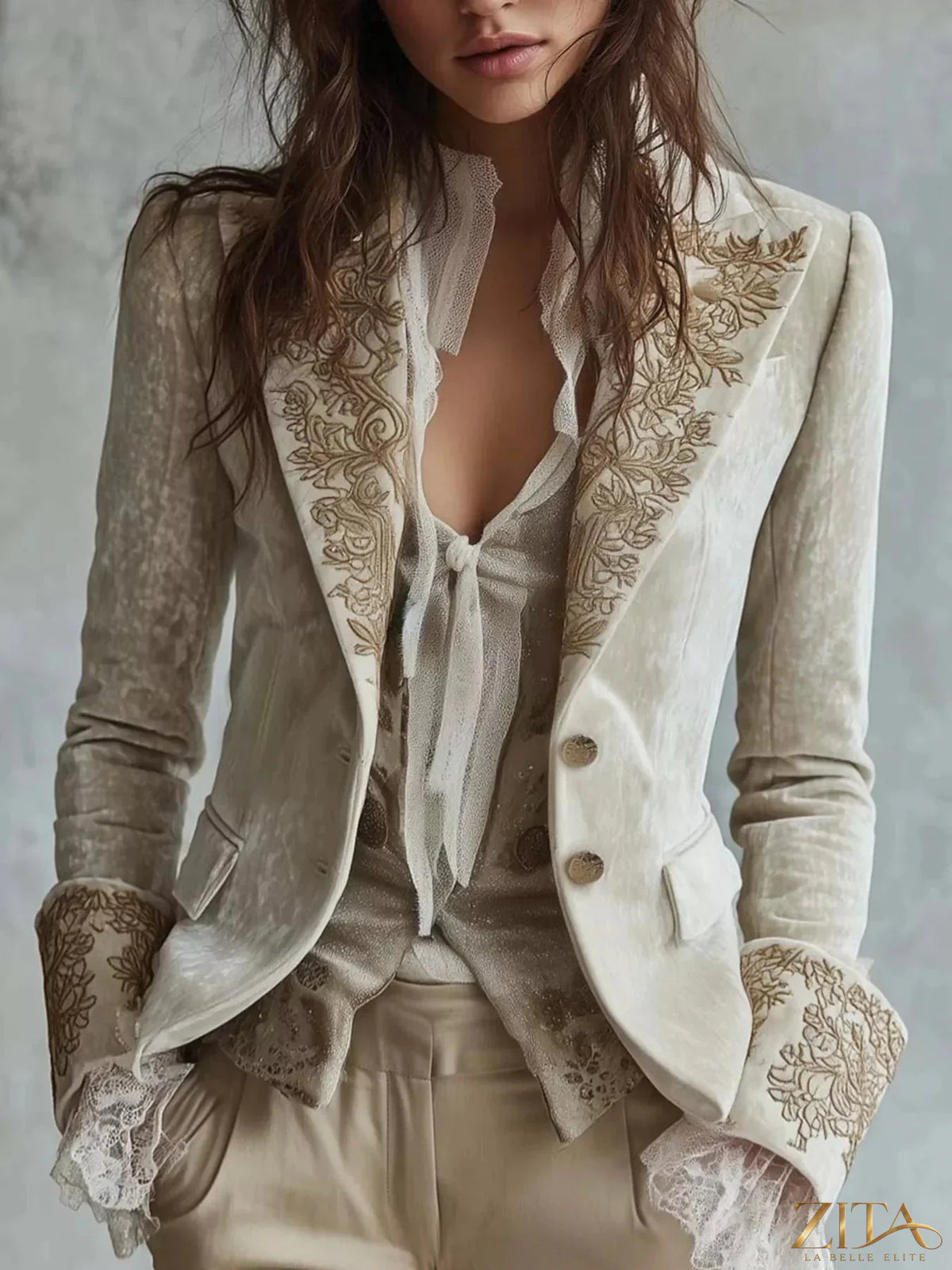 Embroidered velvet long sleeve blazer by Zita La Belle Elite, featuring intricate embroidery and a tailored fit.
