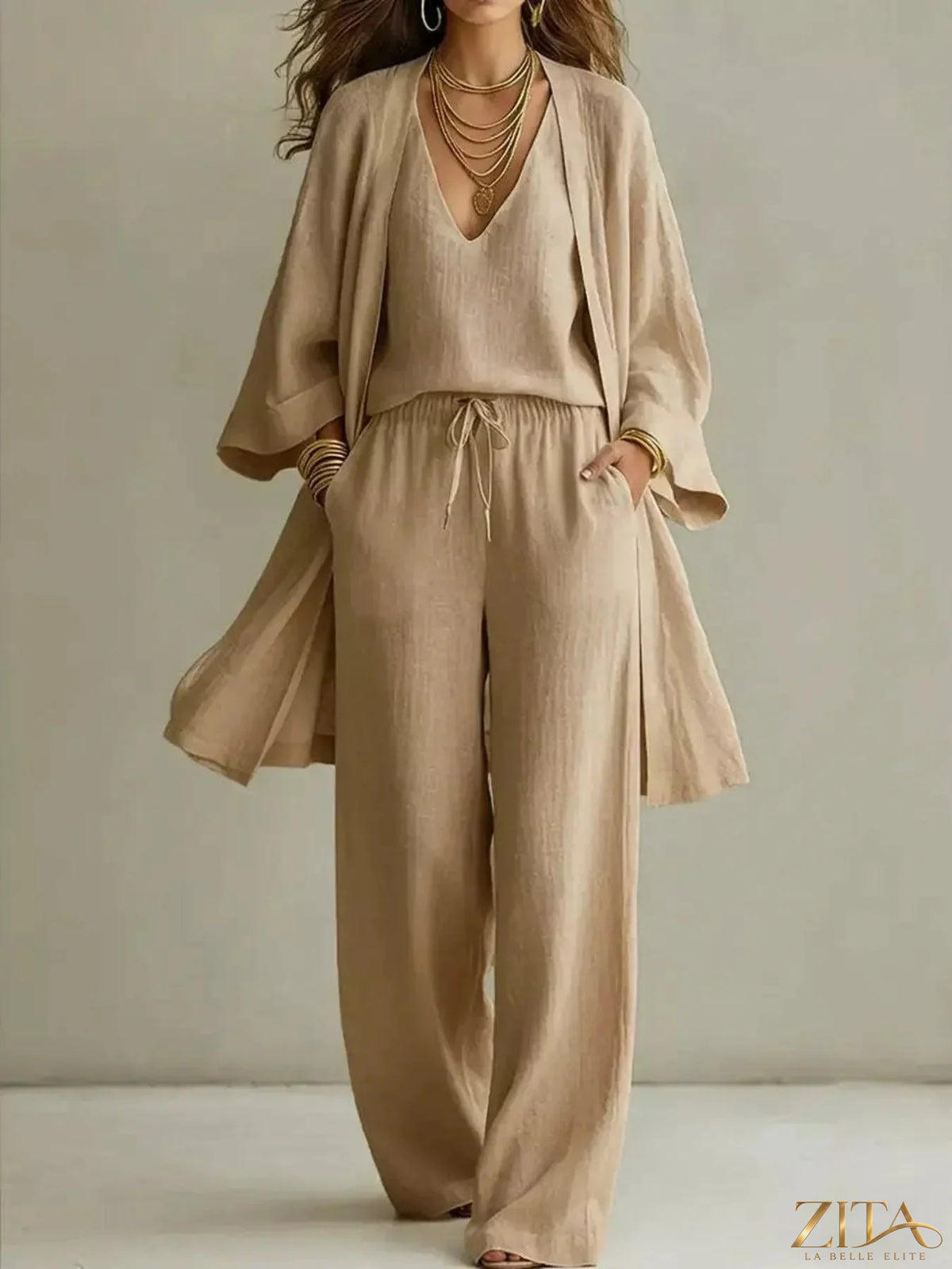 Zita La Belle Elite three-piece V-neck top, cardigan, and pants set, stylish and comfortable casual wear for women.
