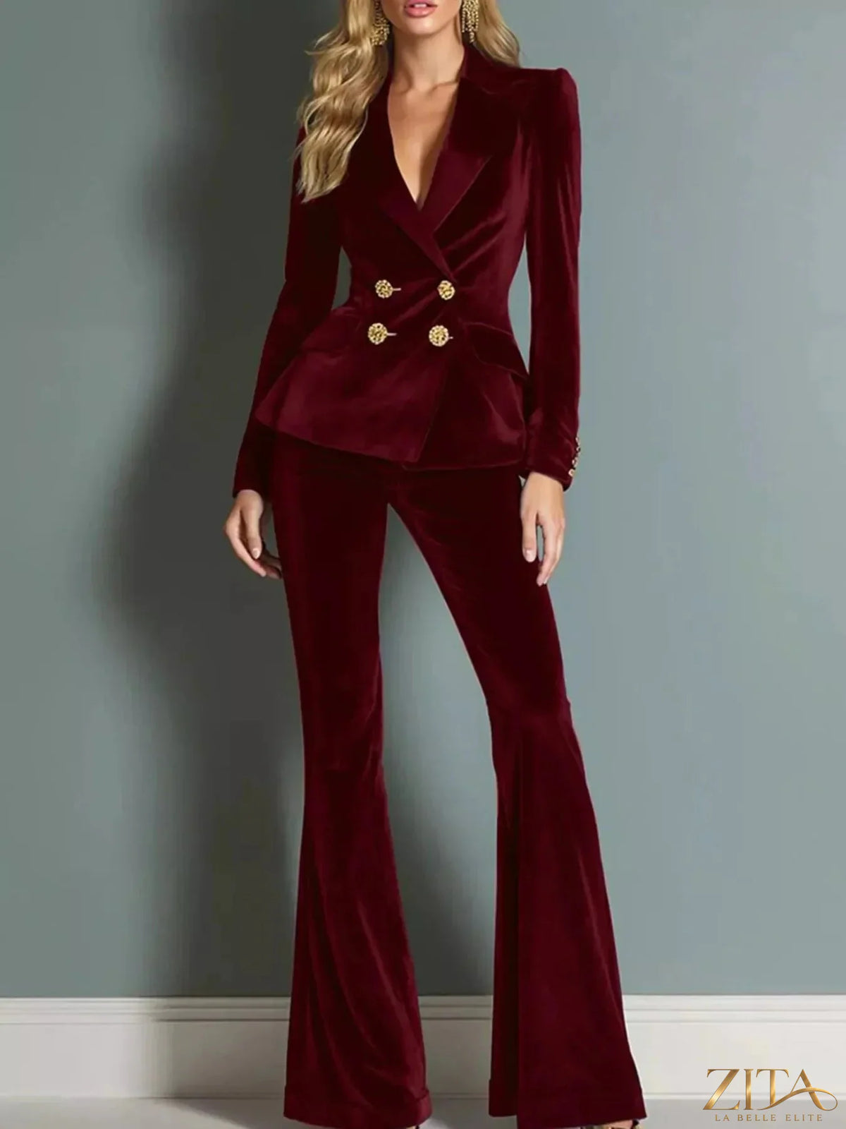 Zita La Belle Elite velvet double-breasted blazer with matching flared pants, tailored and stylish for sophisticated fashion.
