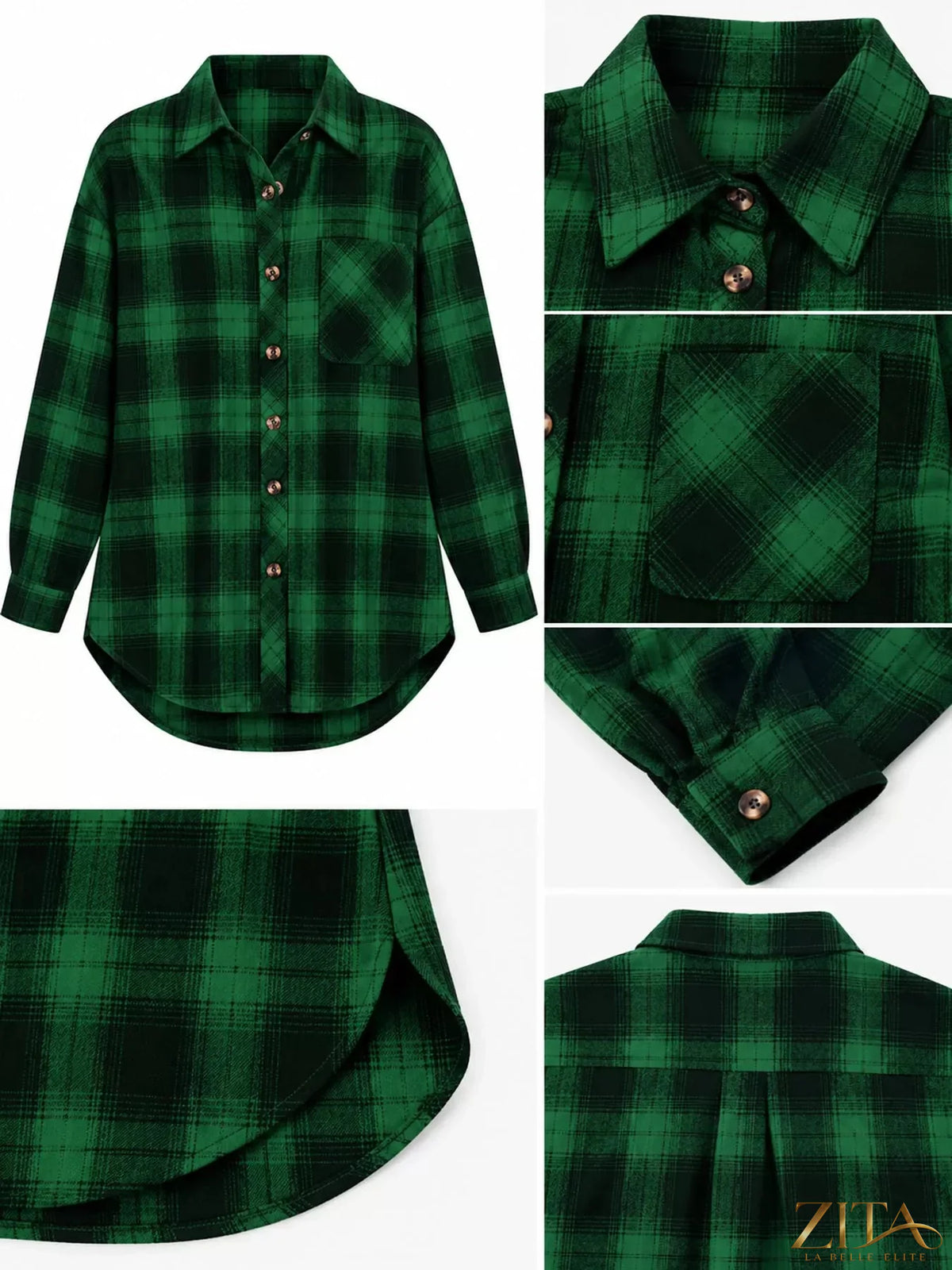 Zita La Belle Elite plaid button-down oversized shirt in red and black, featuring a relaxed fit and classic collar.