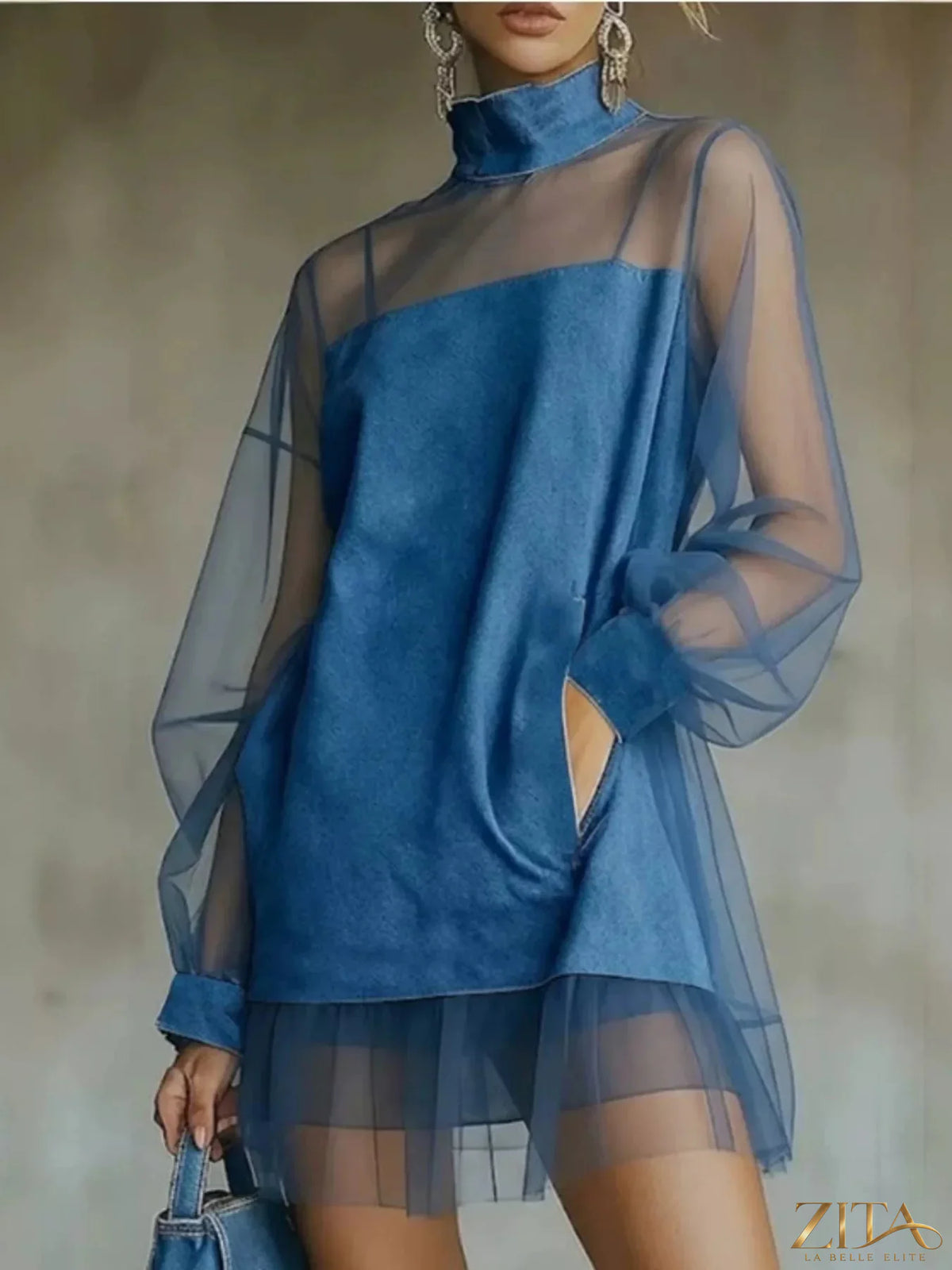 Sheer mesh turtleneck mini dress by Trendsi featuring a fitted silhouette and see-through fabric for a stylish, modern look.