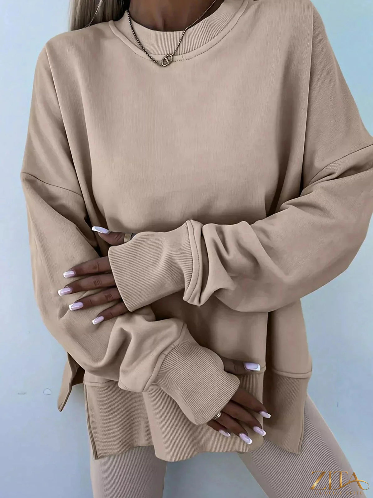 Zita La Belle Elite solid color oversize slit sweatshirt with ribbed leggings 2-piece set, featuring relaxed fit and comfortable fabric.