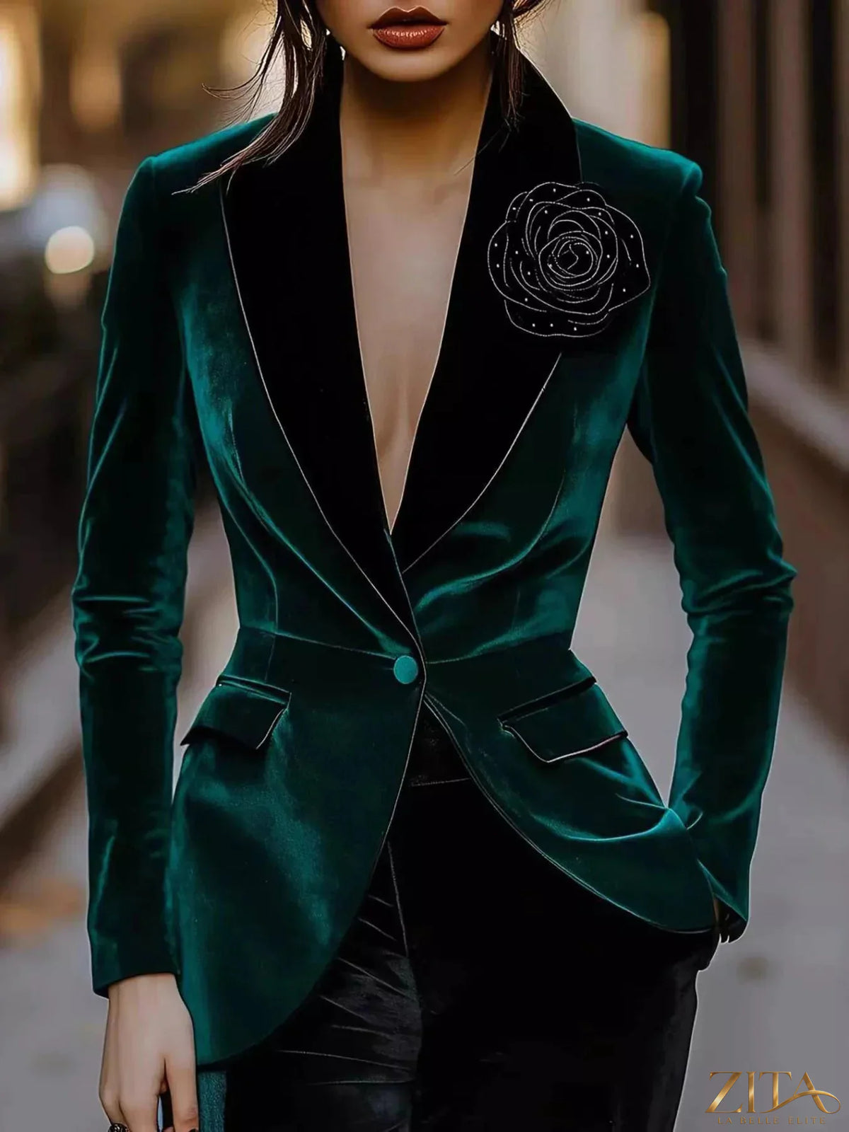 Zita La Belle Elite velvet rose embellished one-button blazer with tailored fit and elegant design, shown on a model.