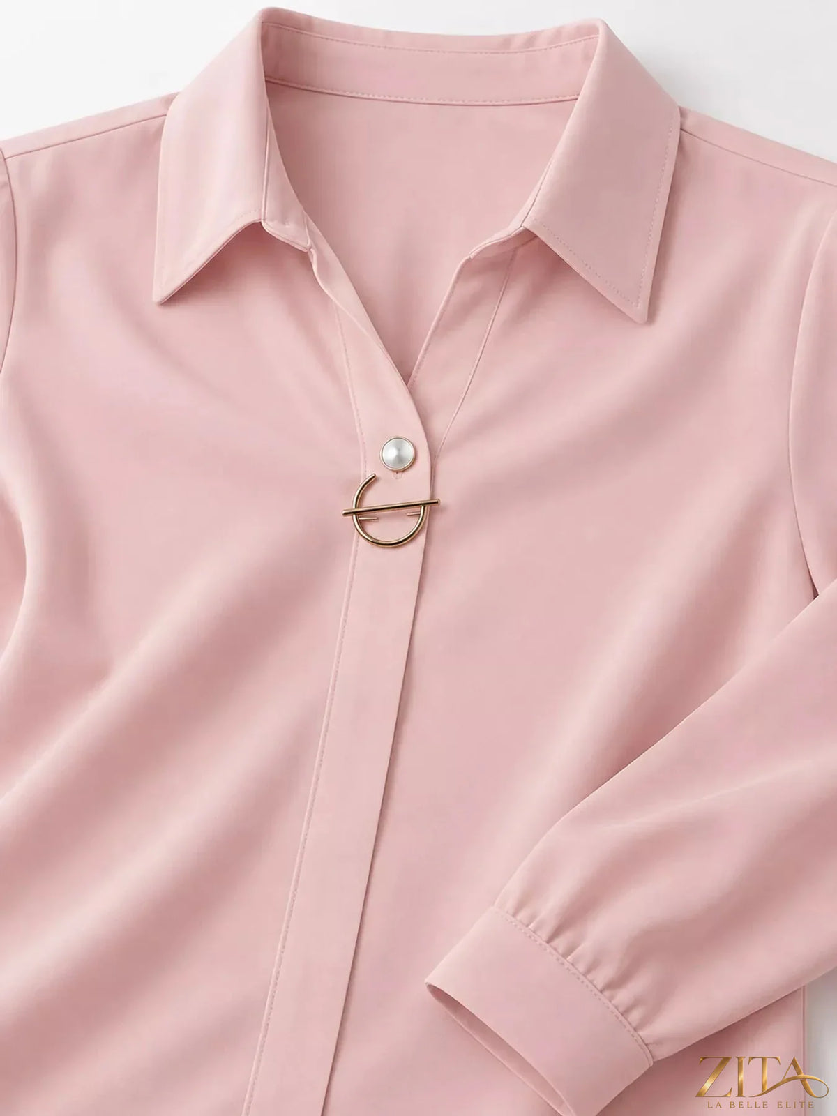 Zita La Belle Elite long sleeve satin blouse in elegant fabric, featuring a smooth, shiny finish and classic collar design.