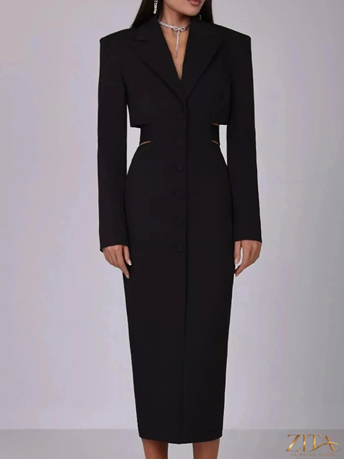 Zita La Belle Elite button-down blazer dress with cut-out waist, tailored fit, and classic lapel collar displayed on model.