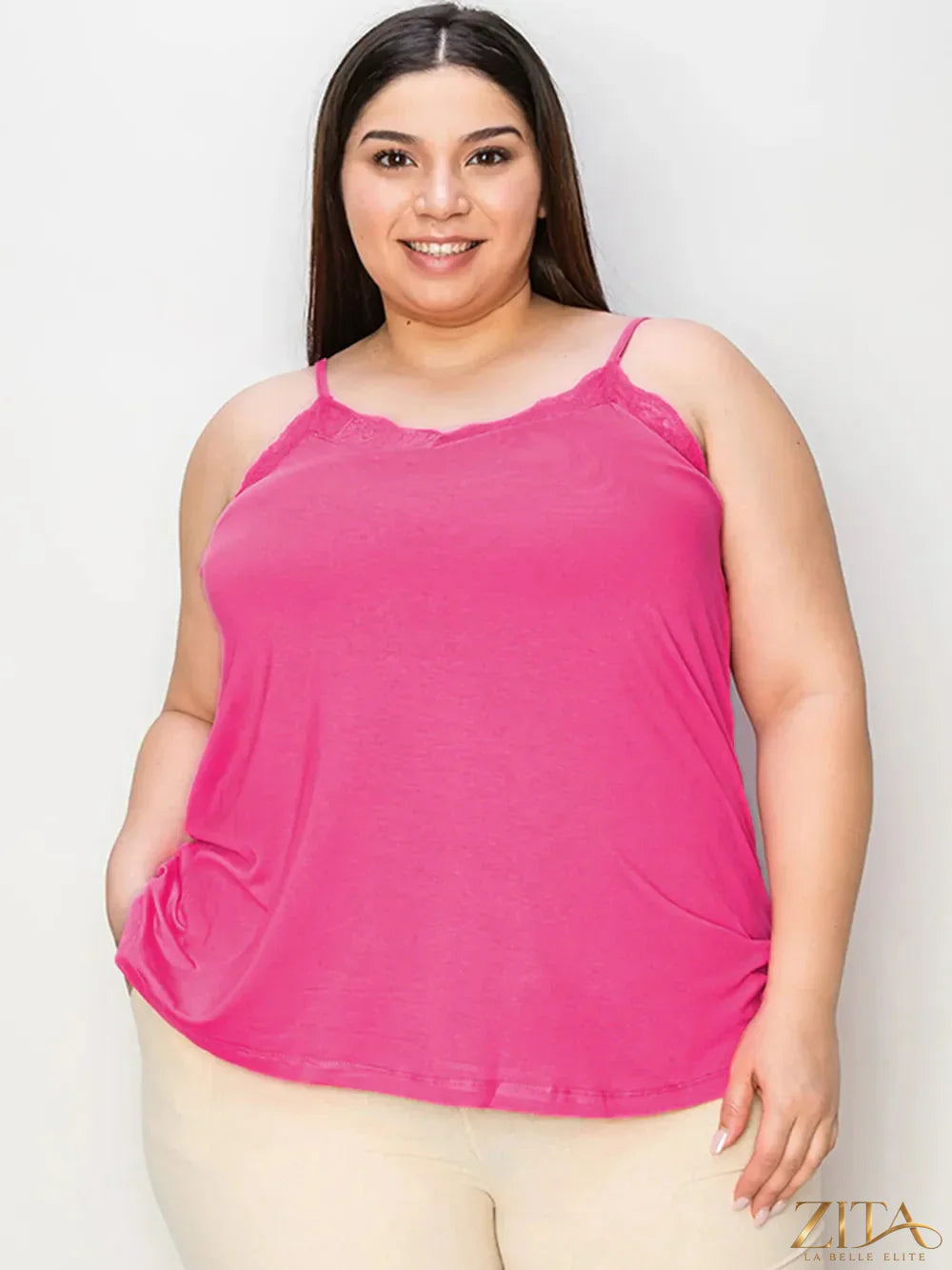 Zita La Belle Elite Basic Bae full size lace trim V-neck camisole with delicate lace detailing and a V-neckline.