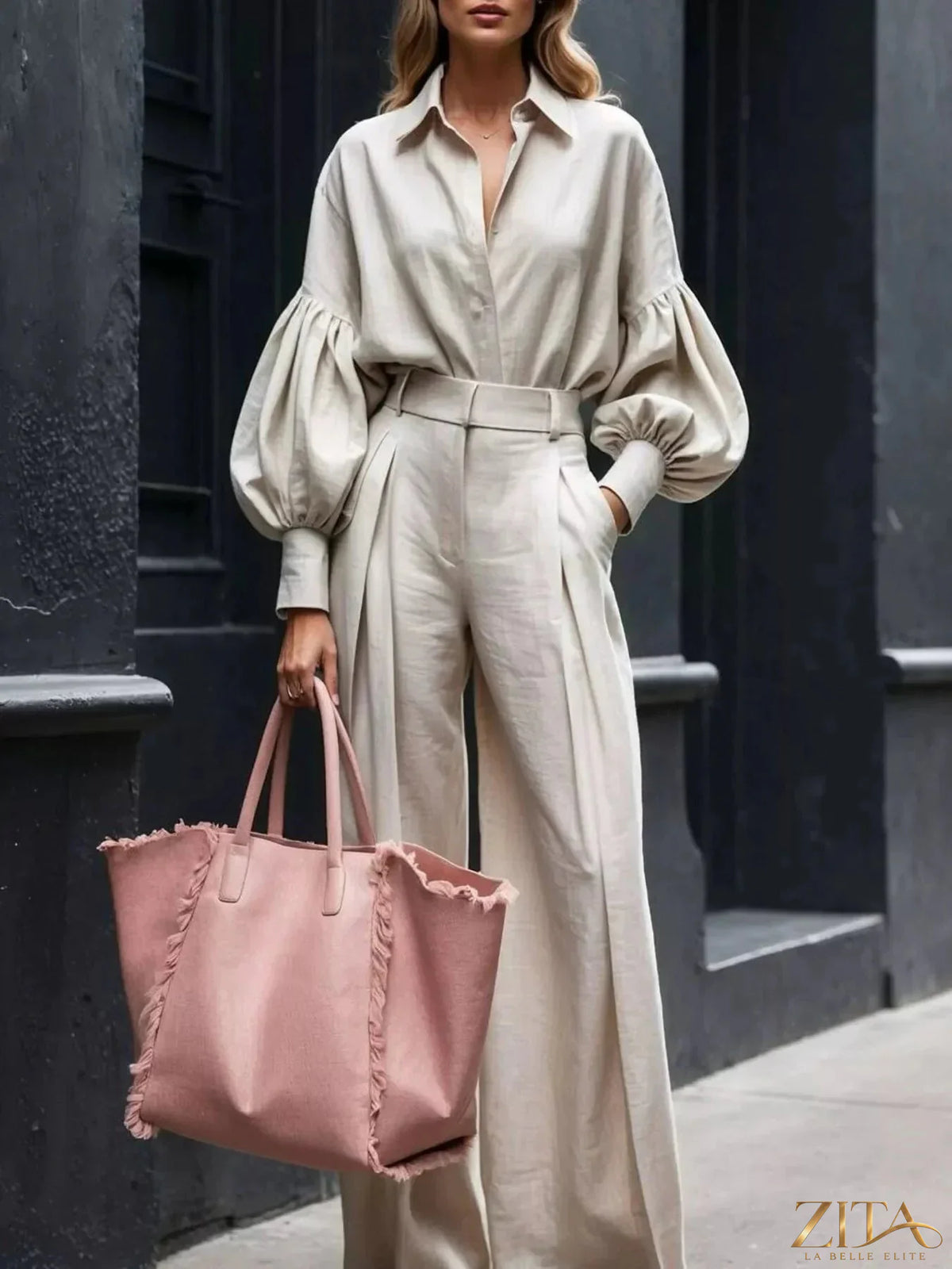 Zita La Belle Elite lantern sleeve shirt and wide leg pants set, stylish women's outfit with flowy fabric and modern design.