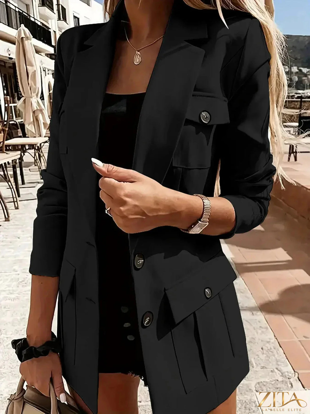 Zita La Belle Elite lapel collar long sleeve blazer in black, tailored fit with button closure and sleek design.