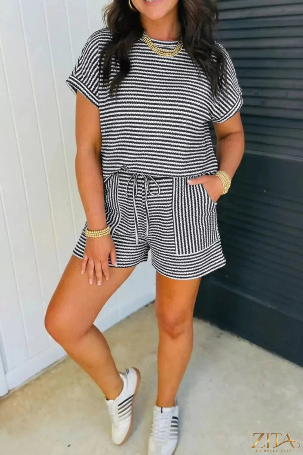Striped knit short sleeve tee and matching shorts set by Trendsi, casual two-piece outfit for warm weather.