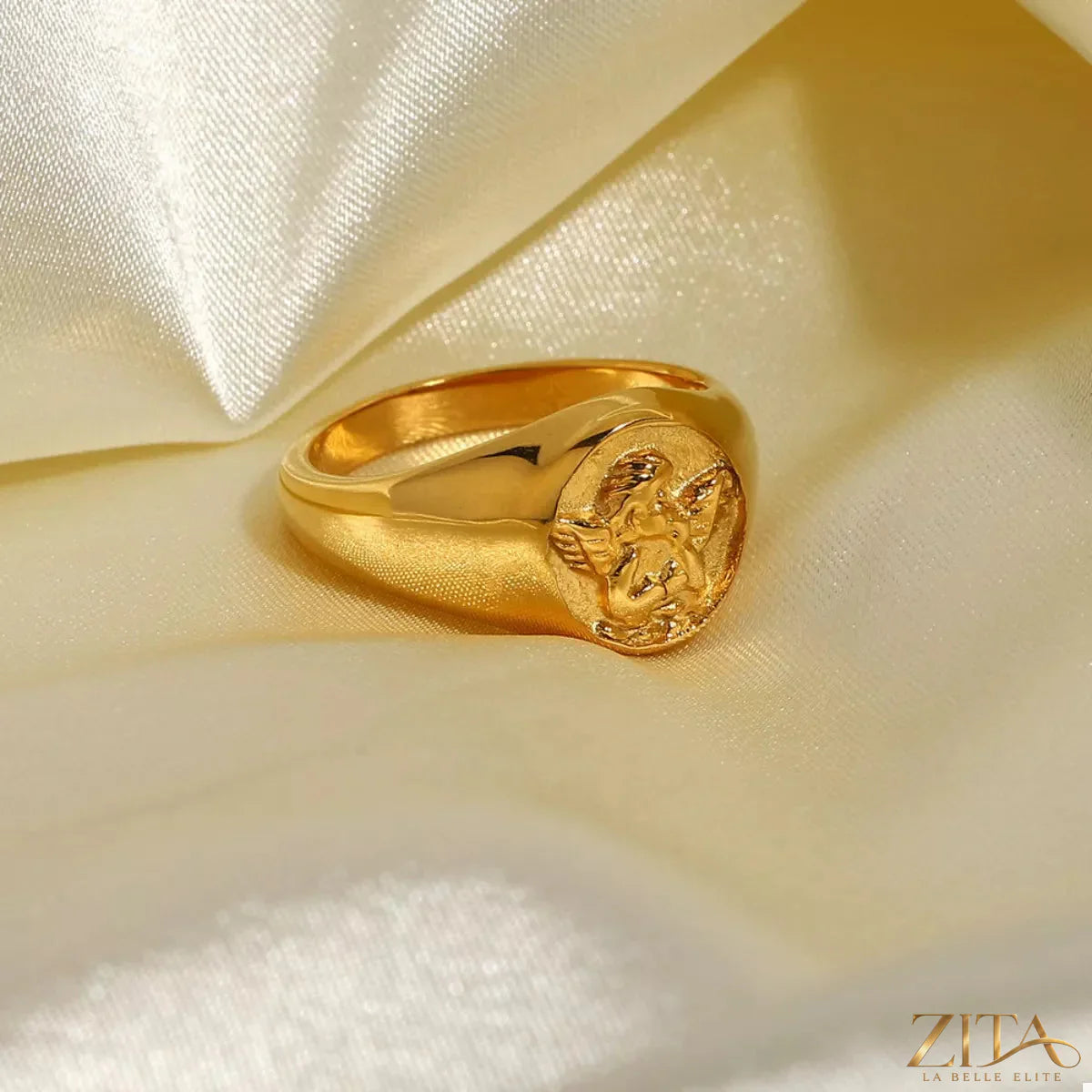 18K gold-plated Cupid ring by Zita La Belle Elite featuring a delicate cupid design on a sleek band.