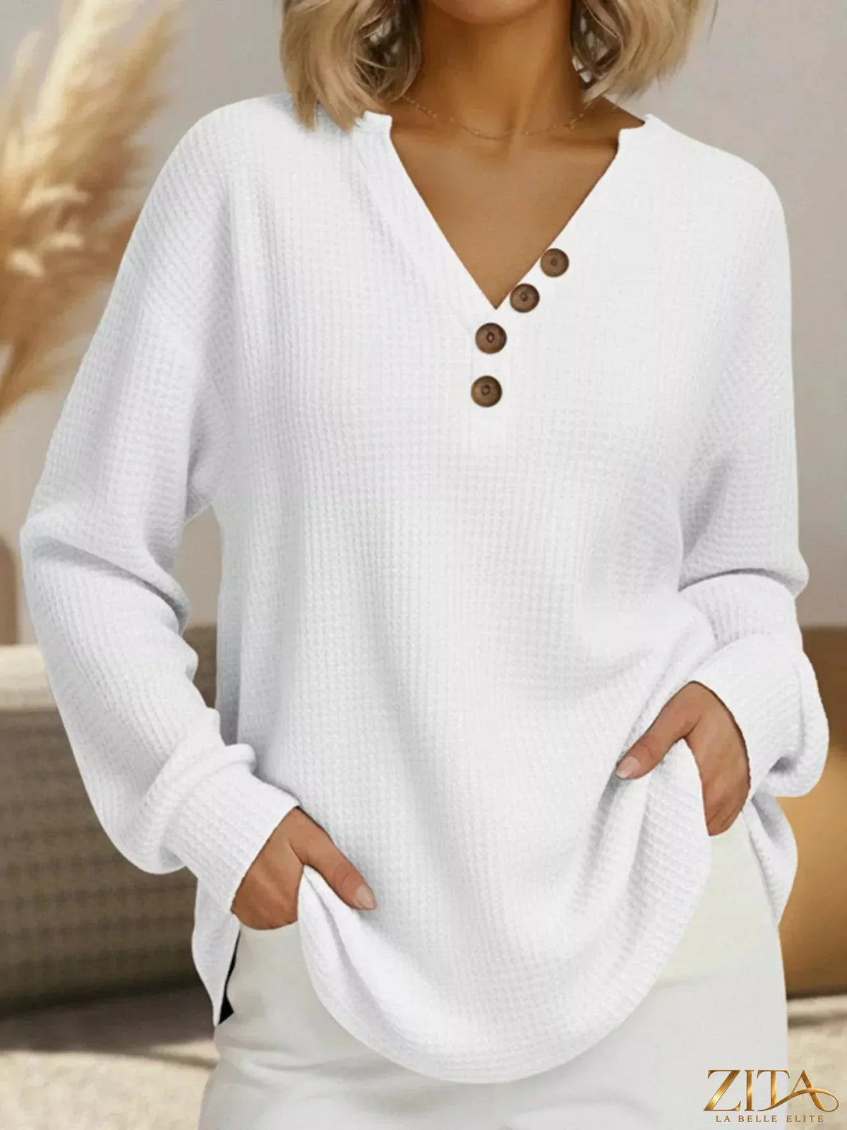 Plus size Zita La Belle Elite waffle knit V-neck long sleeve T-shirt with casual style and comfortable full size fit.