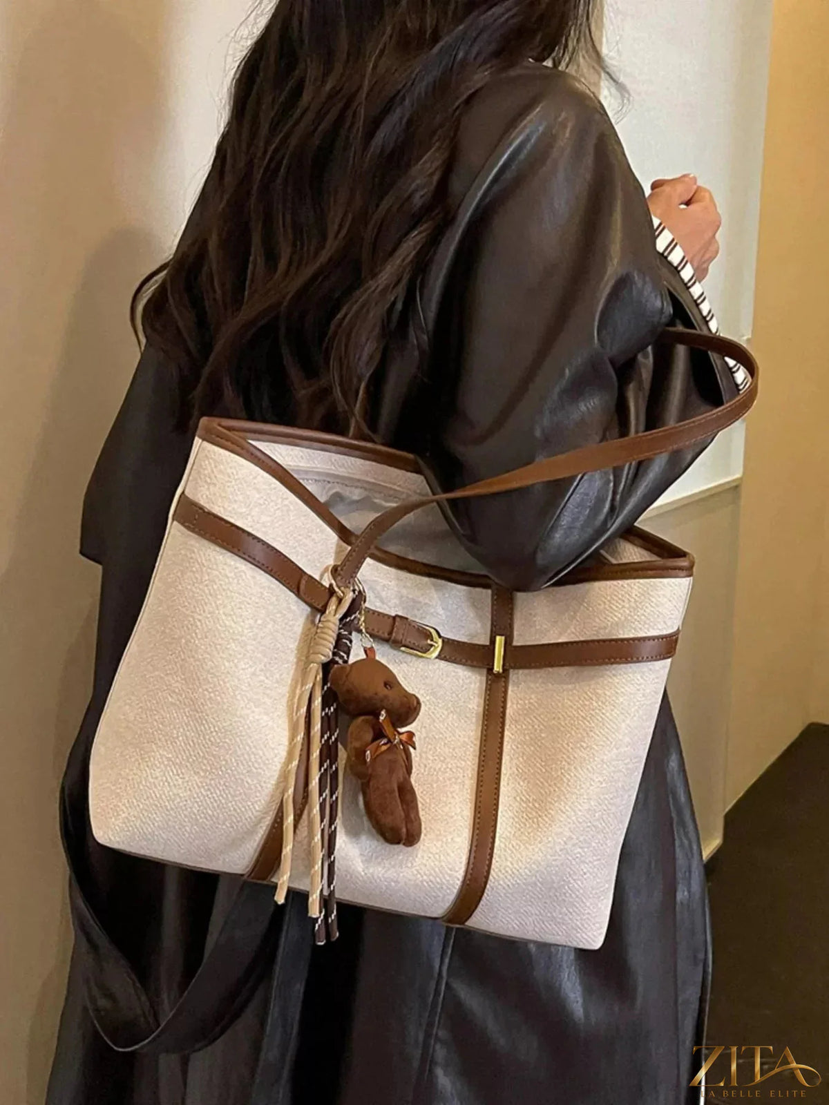 Zita La Belle Elite decorative buckle tote bag with leather handles and spacious interior, stylish and functional for everyday use.