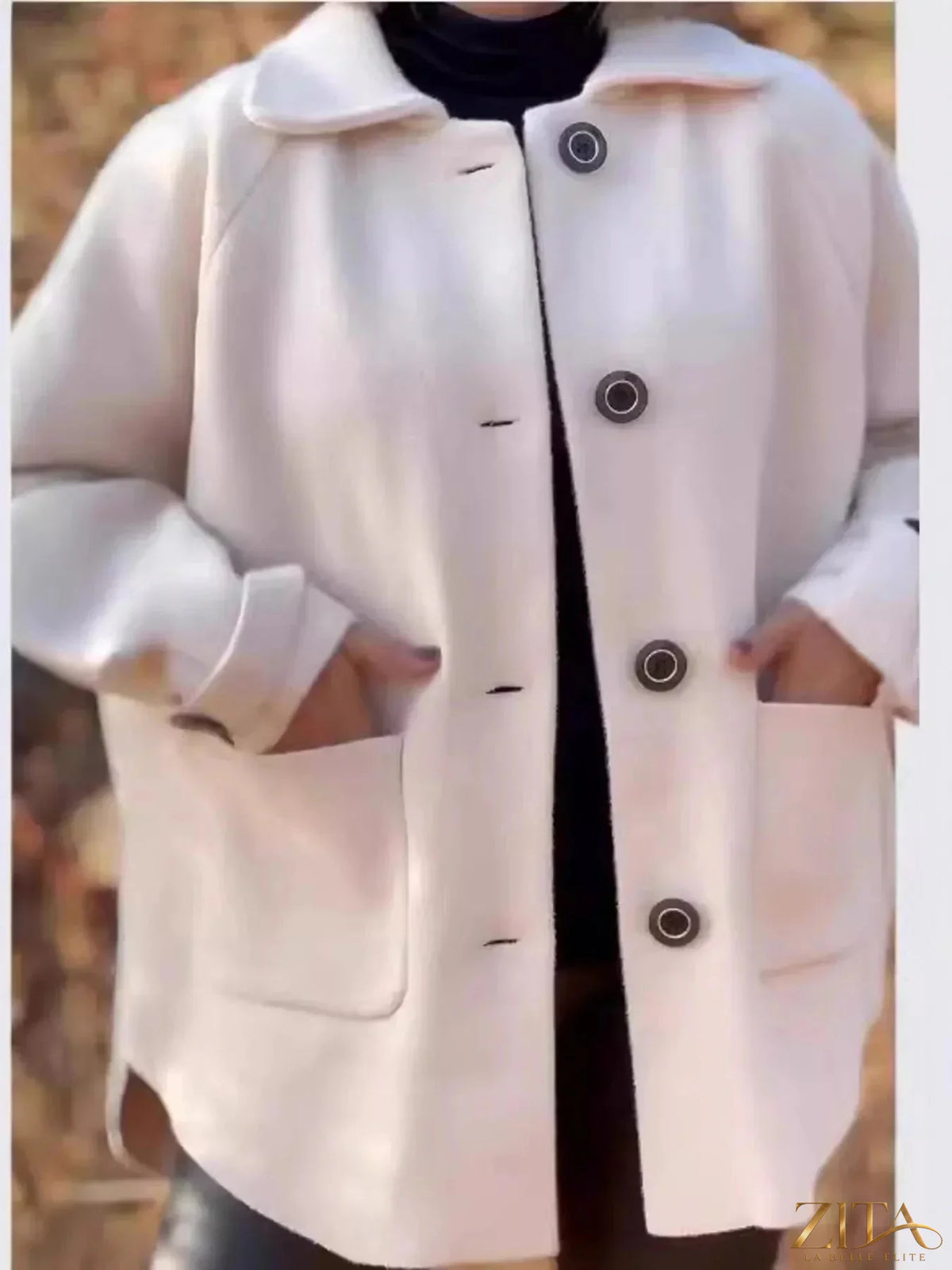 Plus size Zita La Belle Elite raglan sleeve coat with button-front design and full-length style, shown in a natural fabric texture.