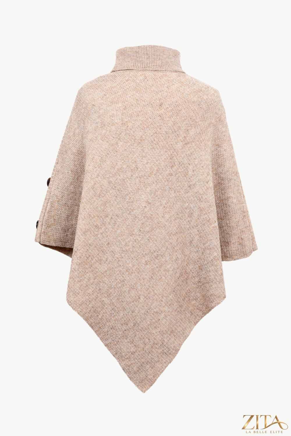 Zita La Belle Elite buttoned turtleneck poncho in cozy knit fabric, featuring a high turtleneck and stylish button details.