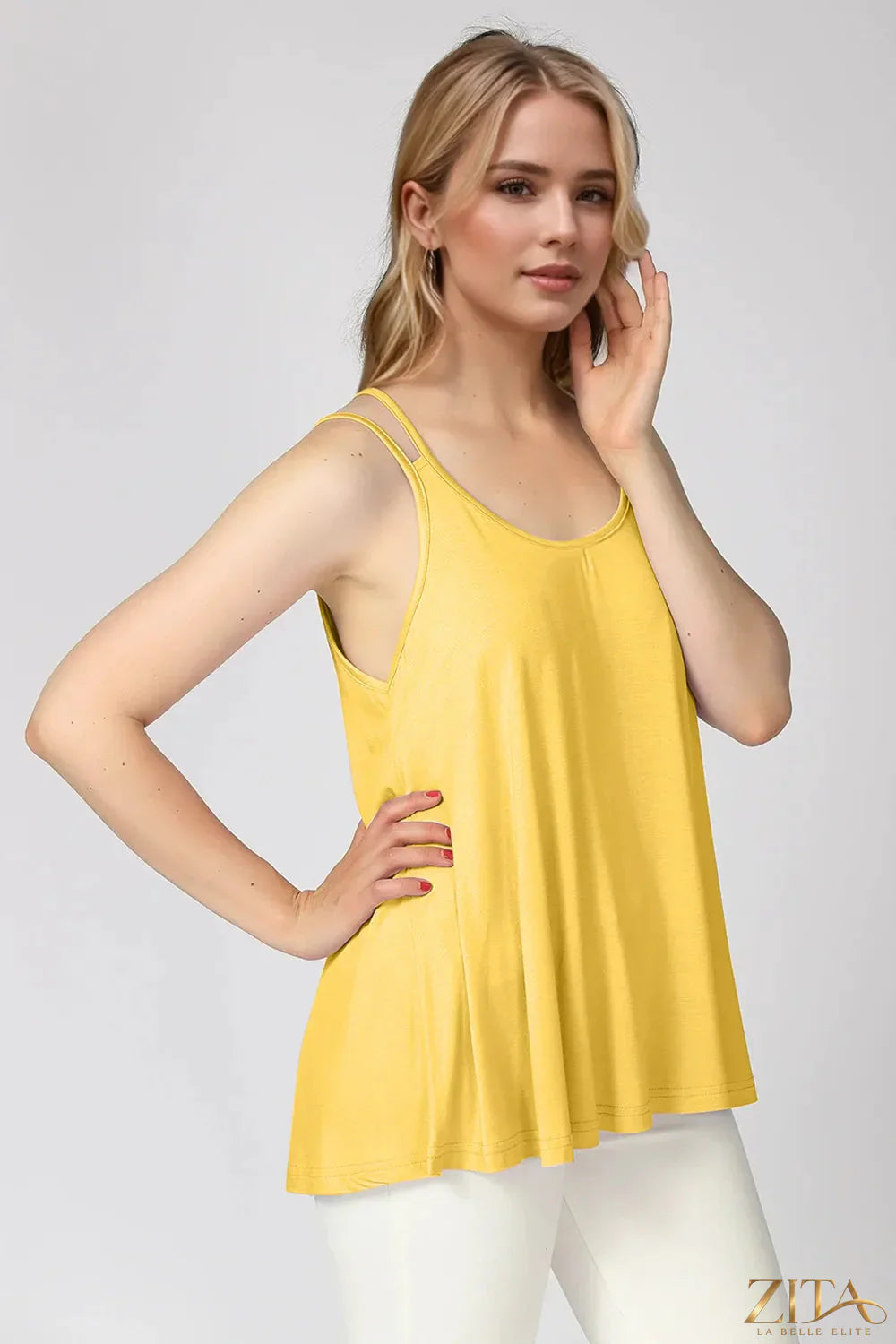 Zita La Belle Elite Basic Bae bamboo cami with scoop neck and double spaghetti straps, soft and lightweight for casual wear.