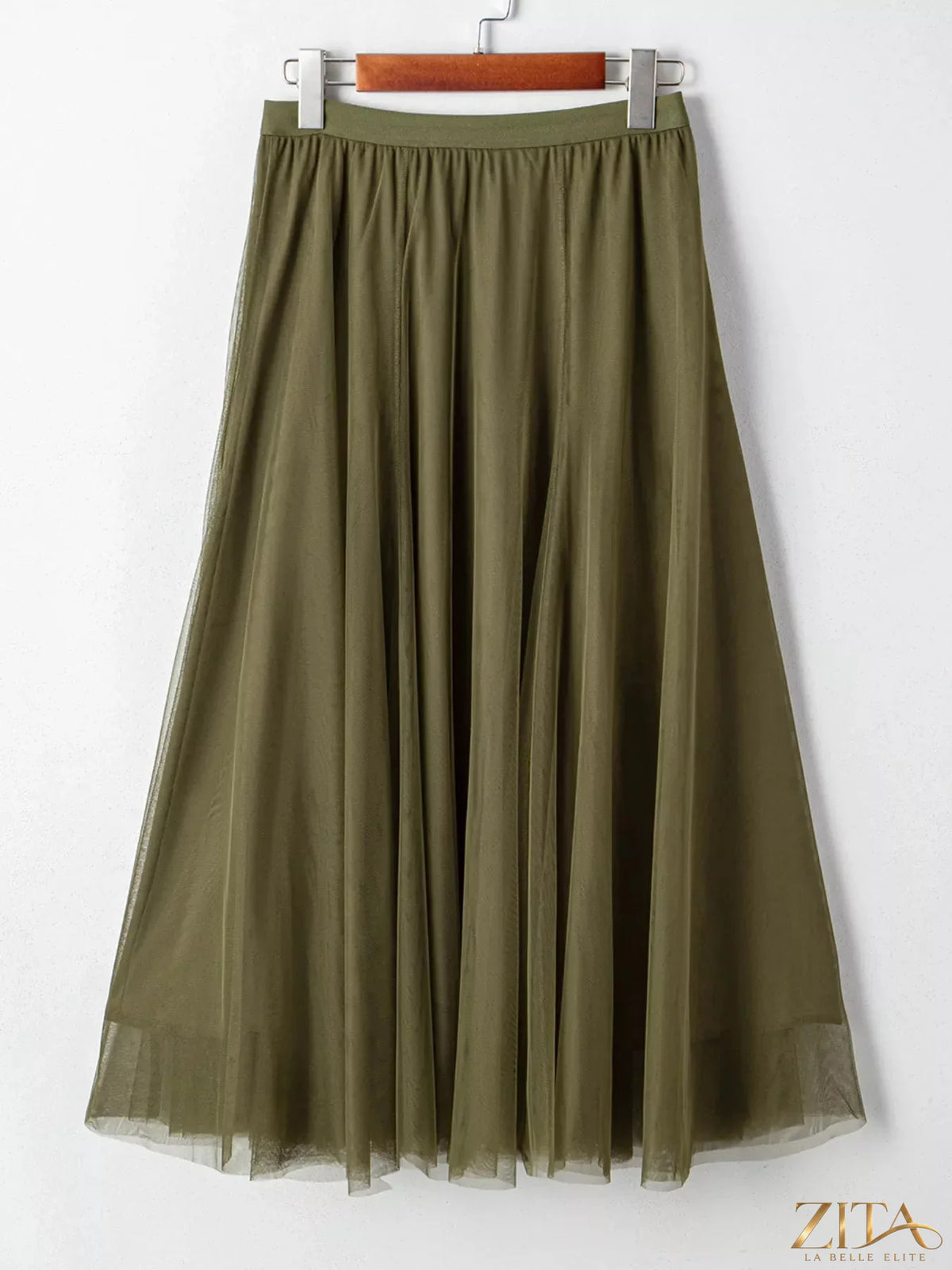 Light pink tulle A-line midi skirt by Trendsi with soft, layered fabric and a flowy silhouette.