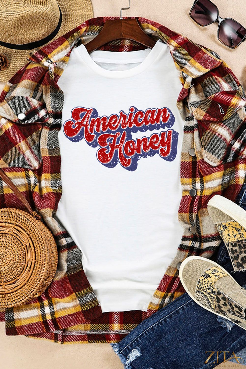 American HONEY cuffed T-shirt by Trendsi featuring a comfortable fit and casual style, shown in a close-up view.