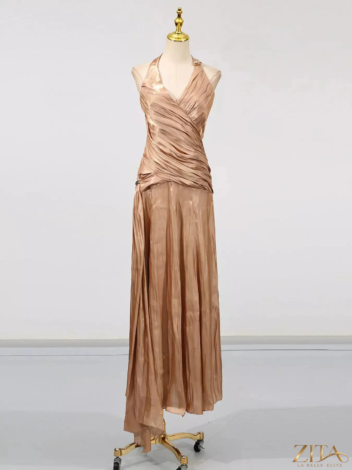 Zita La Belle Elite halter neck ruched maxi dress in flowing fabric, featuring a fitted bodice and elegant design.