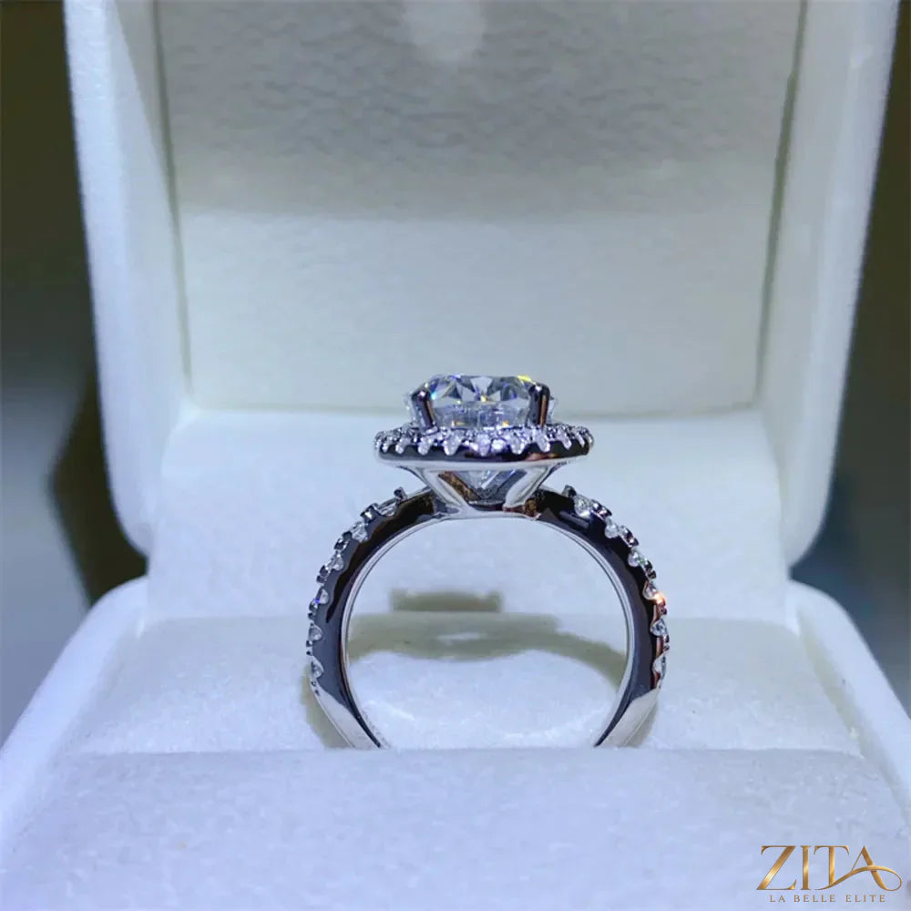 Sterling silver ring with a 5-carat moissanite gemstone, showcasing a sparkling, elegant jewelry design.