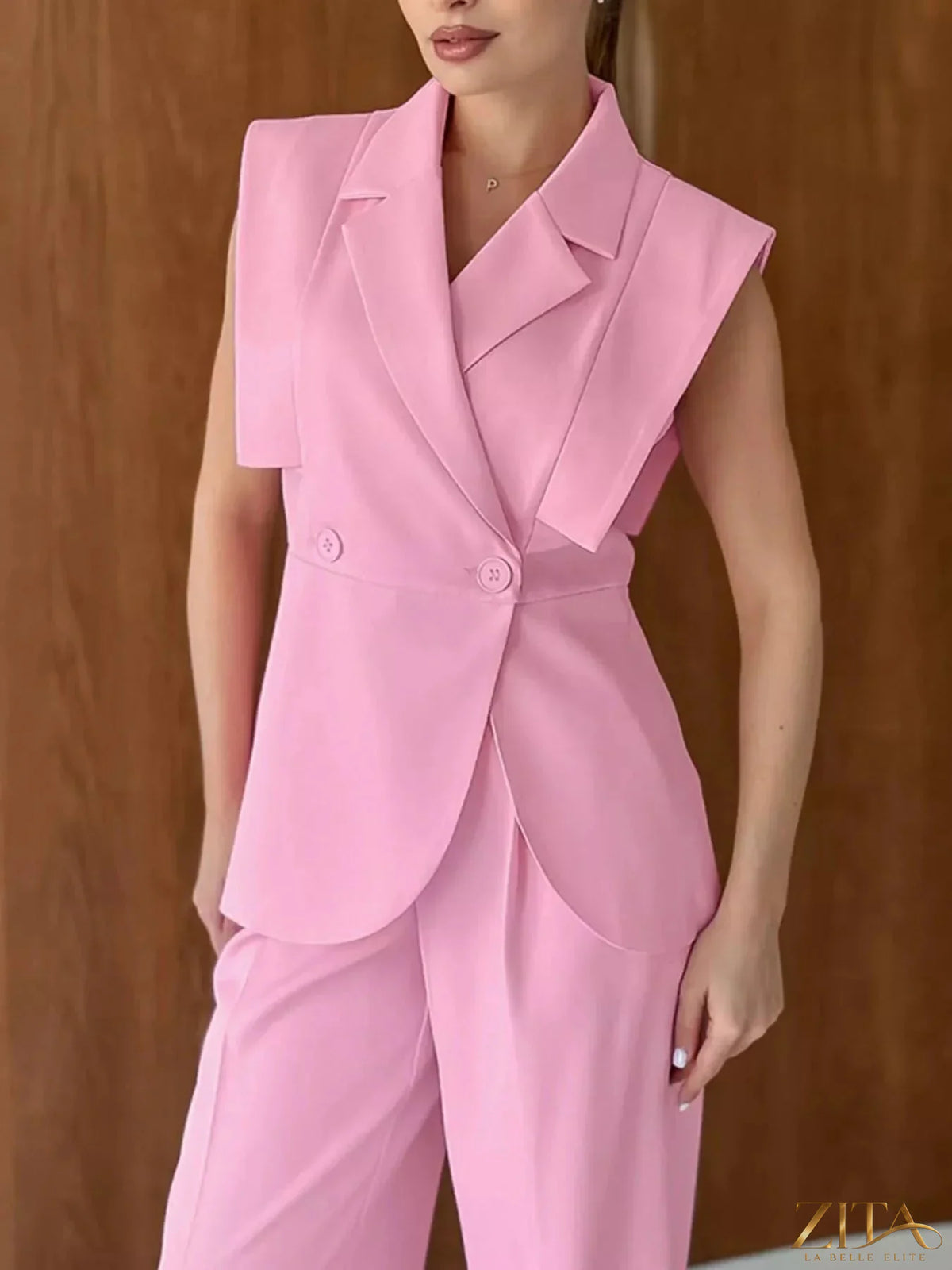 Zita La Belle Elite sleeveless blazer and wide-leg pants two-piece set, stylish formal outfit, neutral fabric, front view.