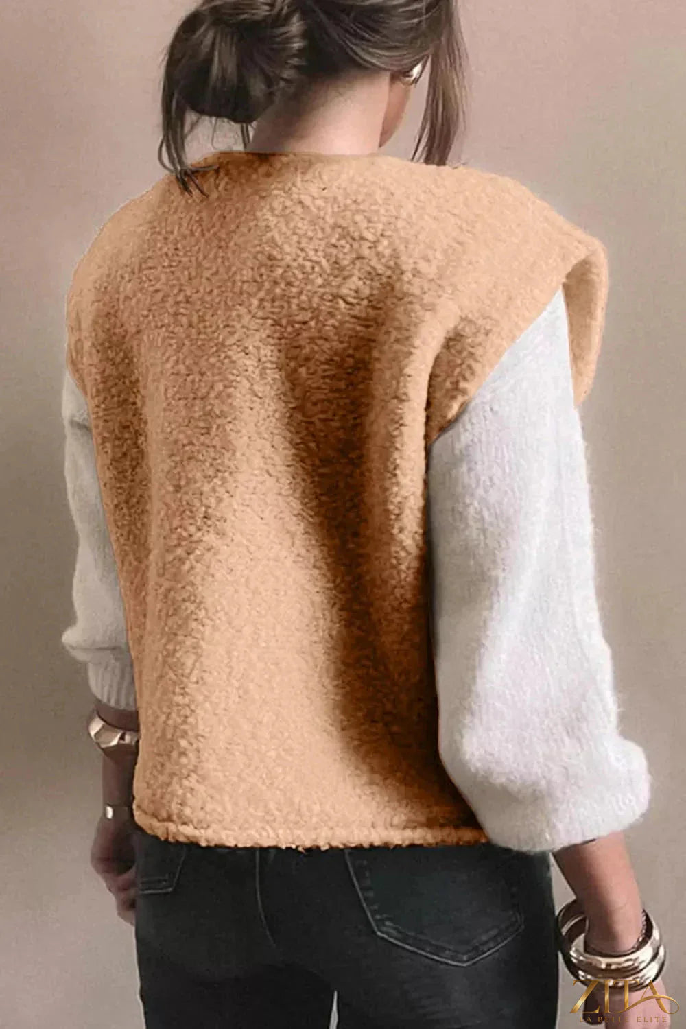 Zita La Belle Elite fleece button-down vest coat in cozy, soft fabric with front buttons and a stylish collar.